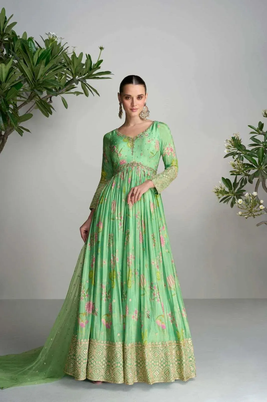 Pastel Green Digital Floral Printed Chinon Anarkali Gown