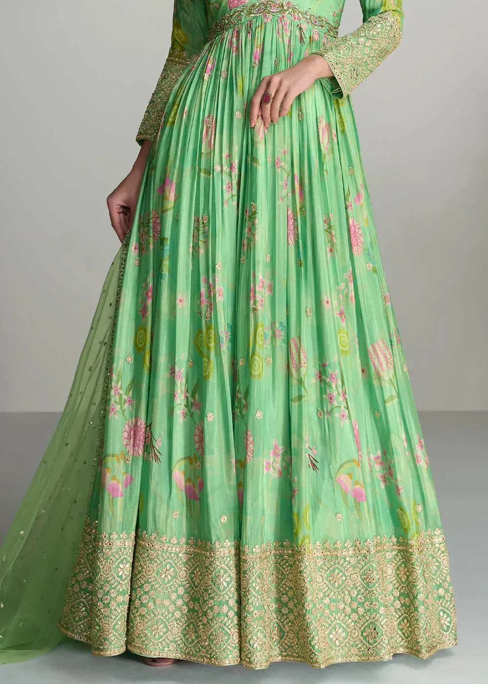 Pastel Green Digital Floral Printed Chinon Anarkali Gown