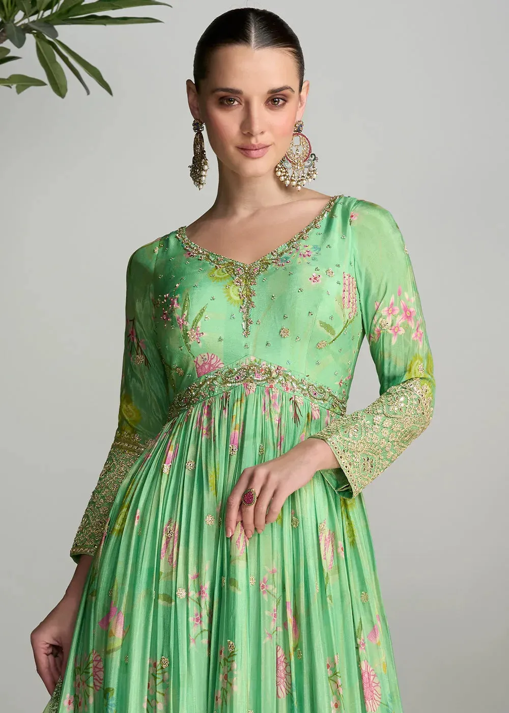 Pastel Green Digital Floral Printed Chinon Anarkali Gown