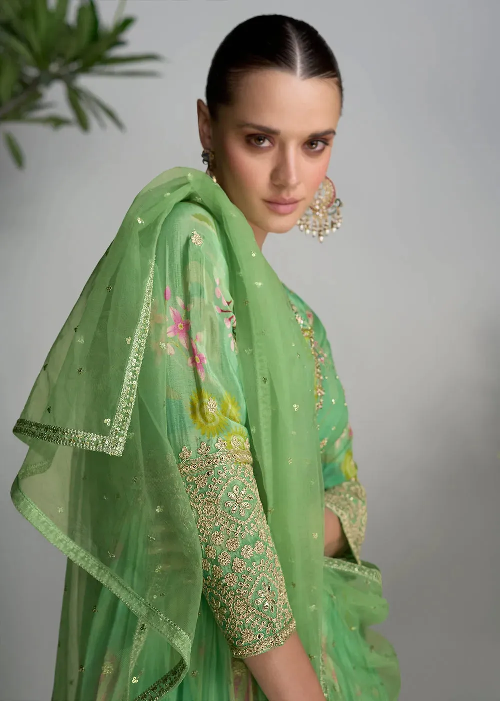 Pastel Green Digital Floral Printed Chinon Anarkali Gown