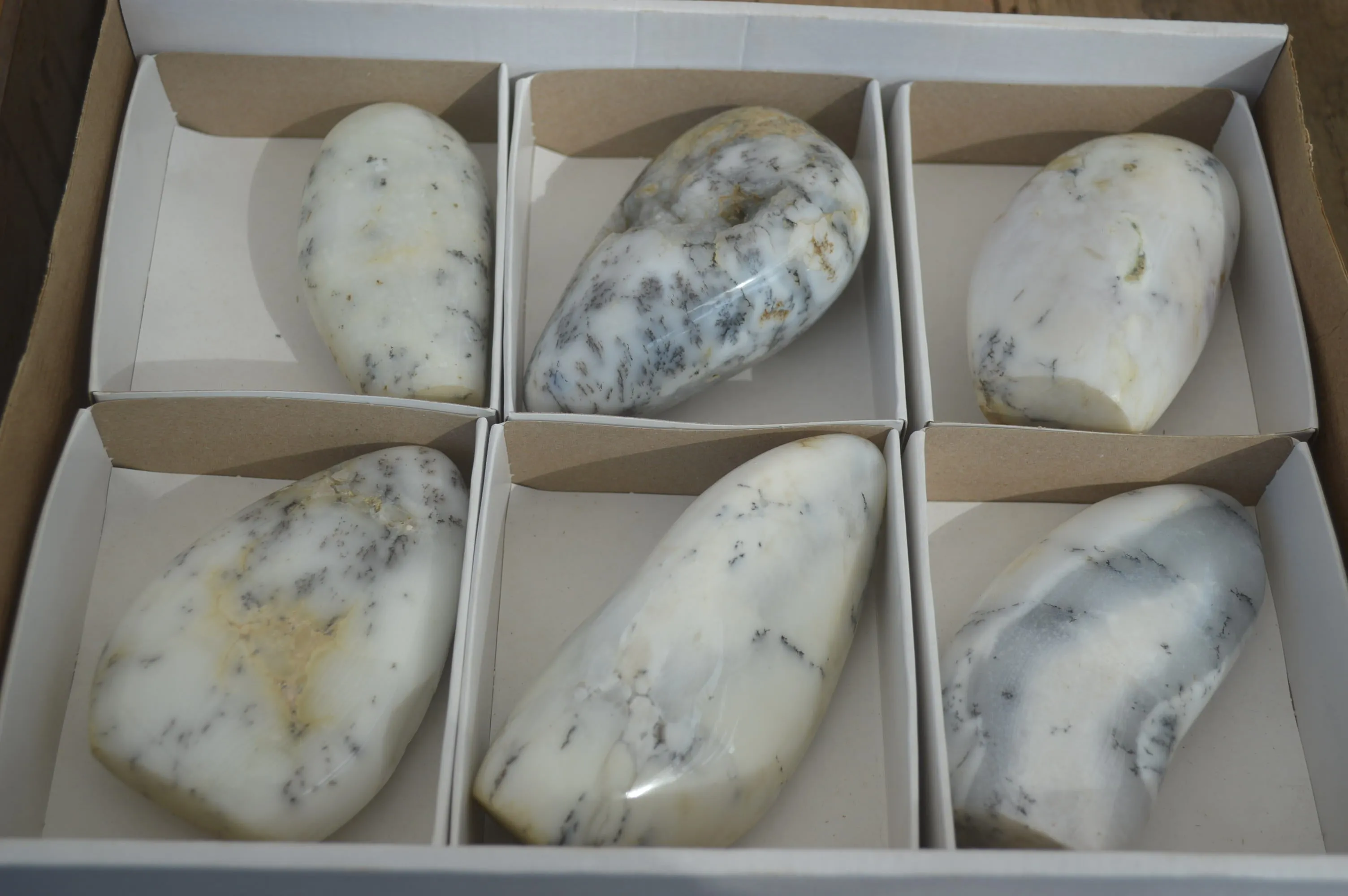 Polished Dendritic Opal Standing Free Forms x 6 From Moralambo, Madagascar