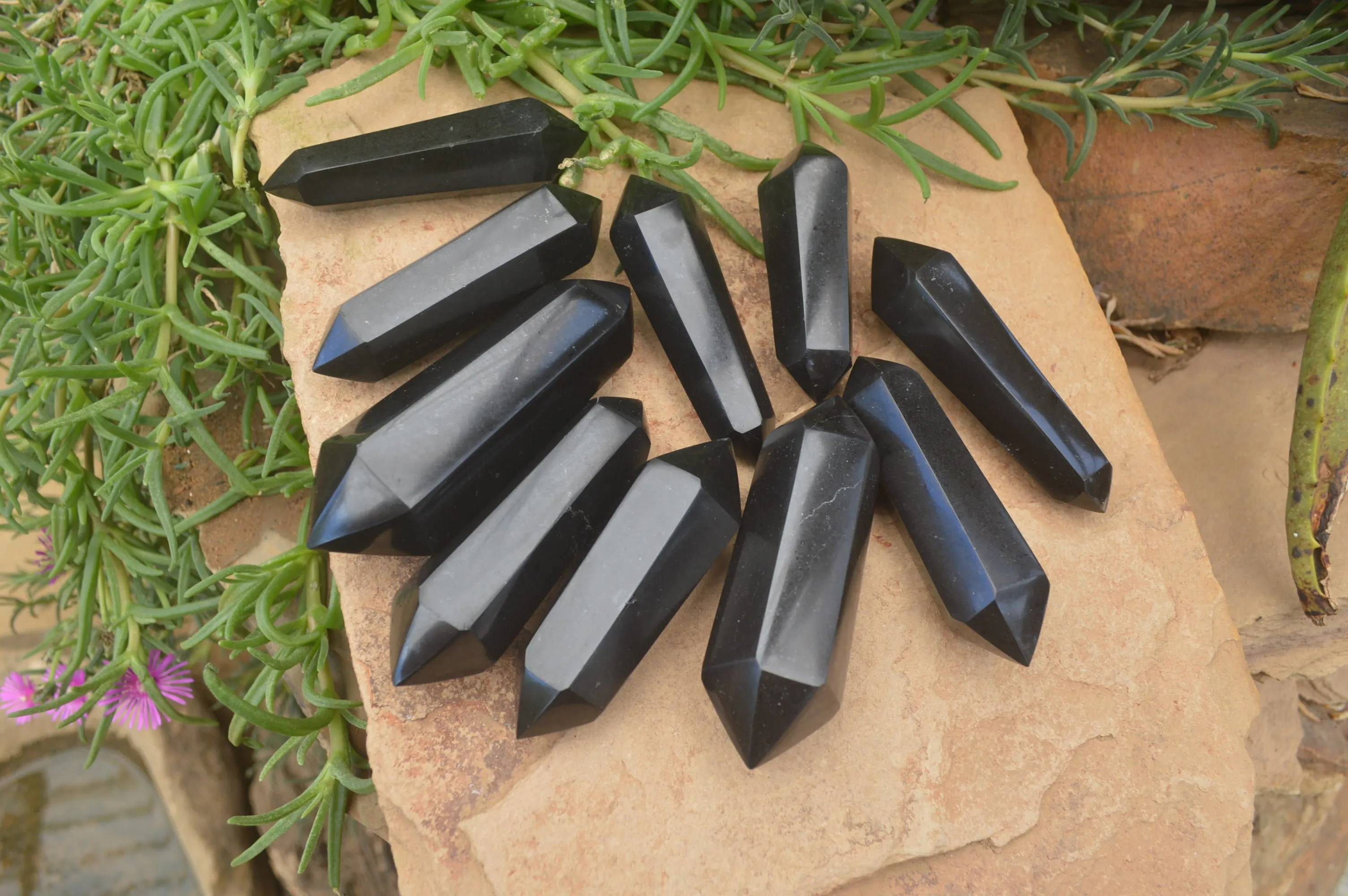 Polished Double Terminated Black Basalt Points x 12 From Madagascar