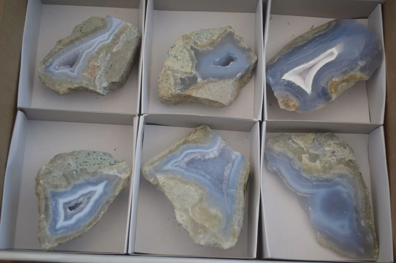 Polished One Side Blue Lace Agate Geode Specimens x 6 From Nsanje, Malawi