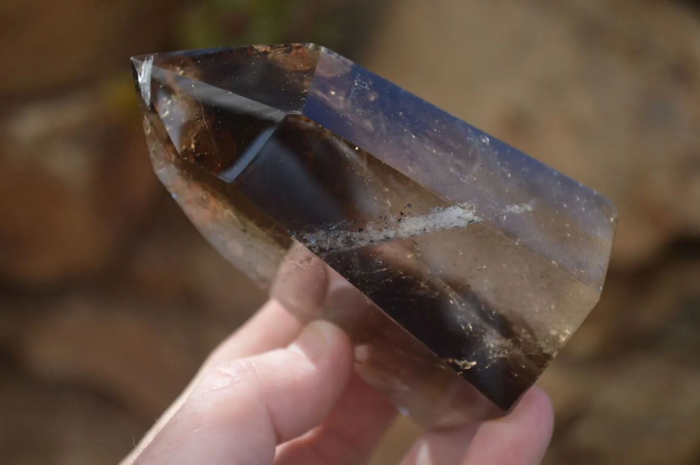 Polished Smokey Banded Window Quartz Crystals x 2 From Ankazobe, Madagascar