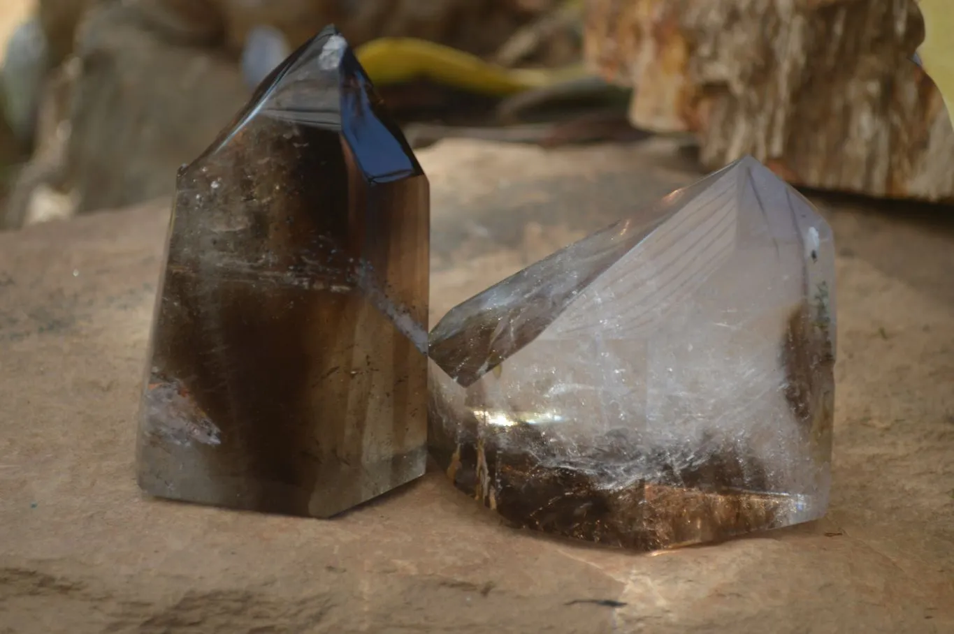 Polished Smokey Banded Window Quartz Crystals x 2 From Ankazobe, Madagascar