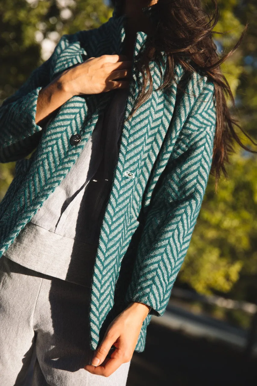 Portuguese Wool Pieper Coat in Teal Herringbone - L Left