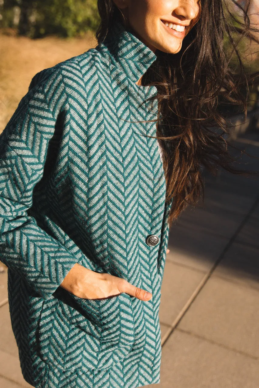 Portuguese Wool Pieper Coat in Teal Herringbone - L Left