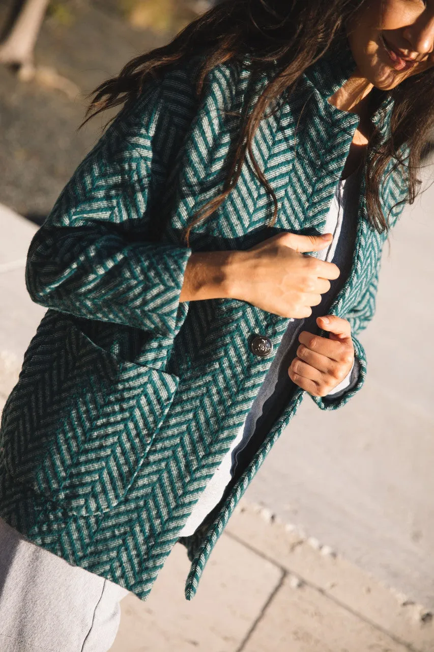 Portuguese Wool Pieper Coat in Teal Herringbone - L Left