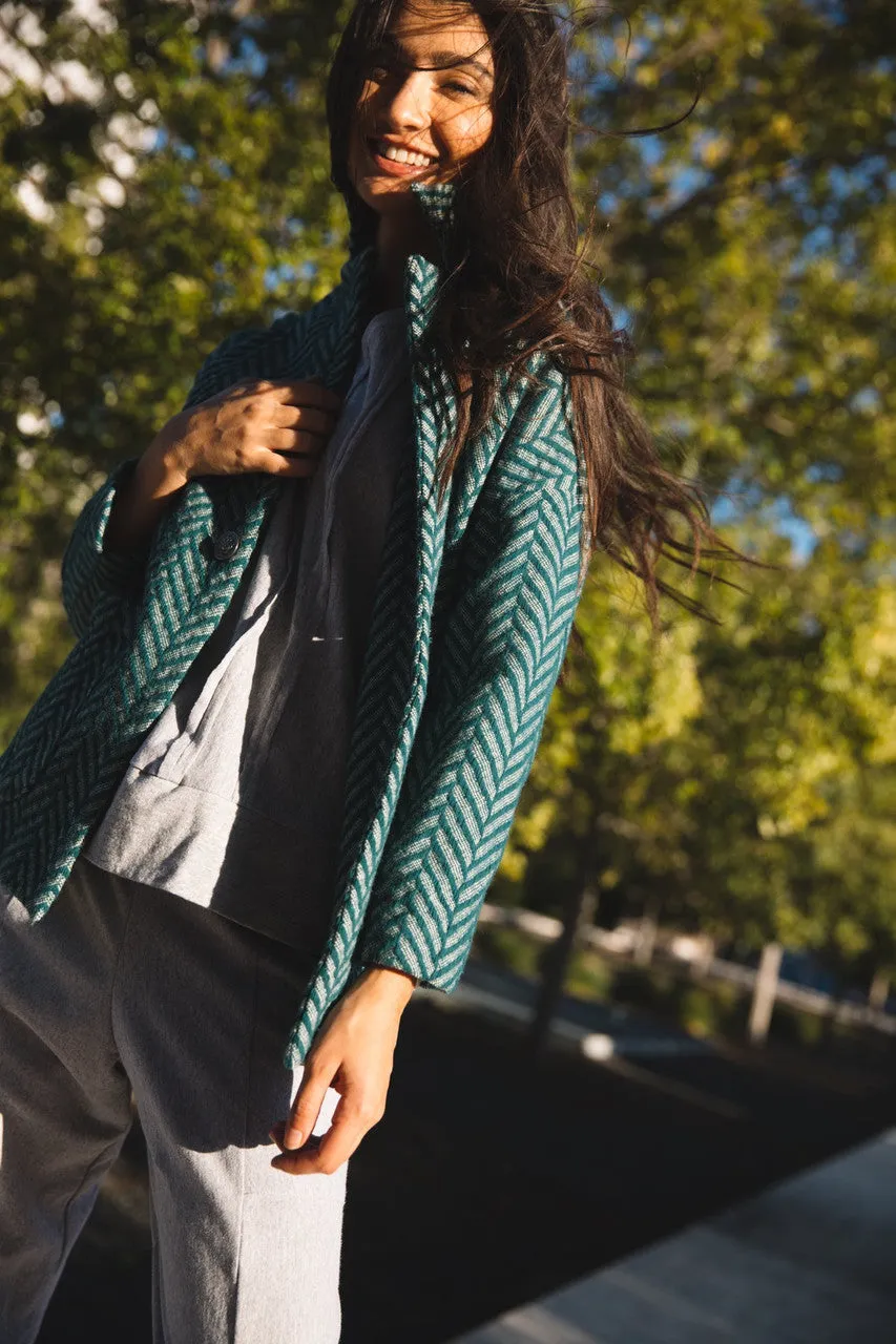 Portuguese Wool Pieper Coat in Teal Herringbone - L Left