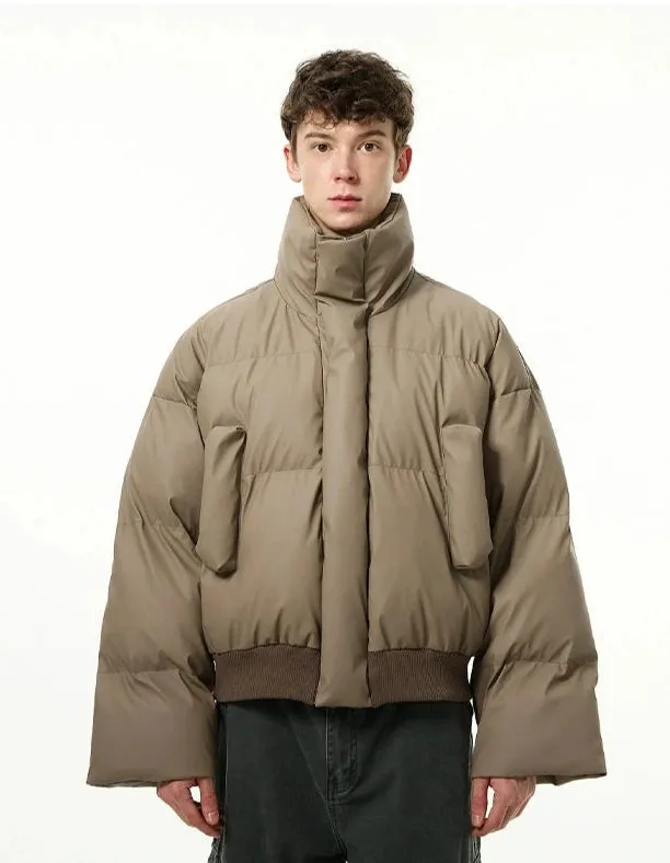 Puffer Jacket with Ribbed Hem and Stand Collar