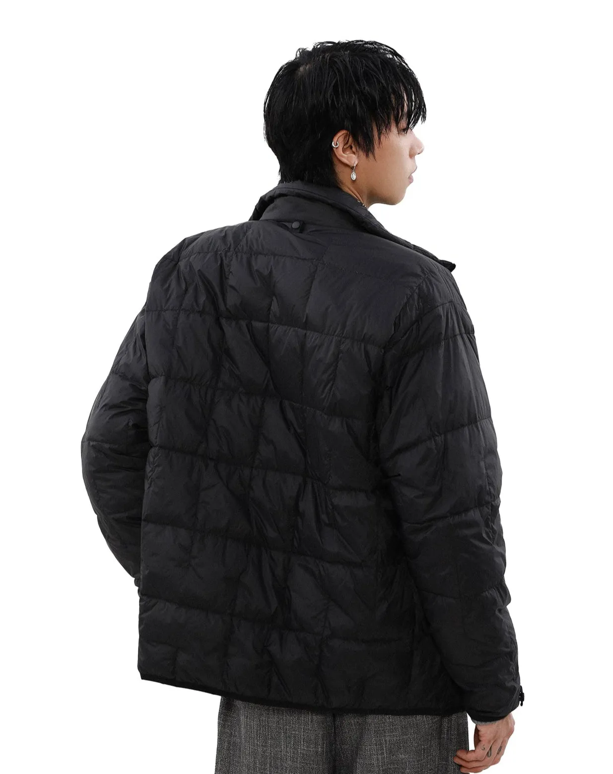 Puffer Quilted Jacket with Stand Collar and Double Zip Closure