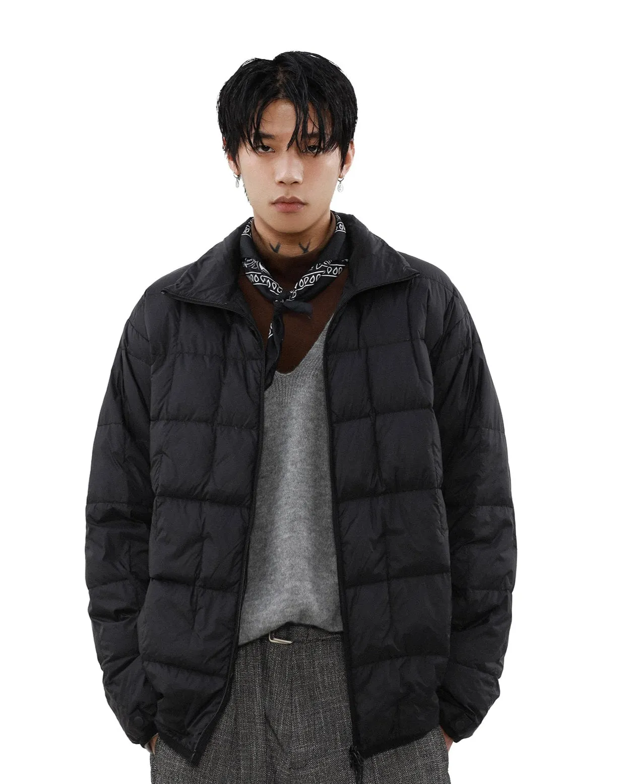 Puffer Quilted Jacket with Stand Collar and Double Zip Closure