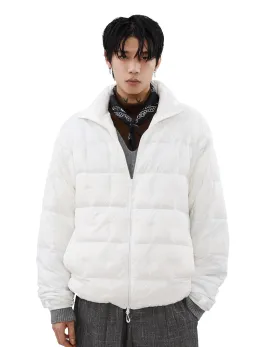 Puffer Quilted Jacket with Stand Collar and Double Zip Closure