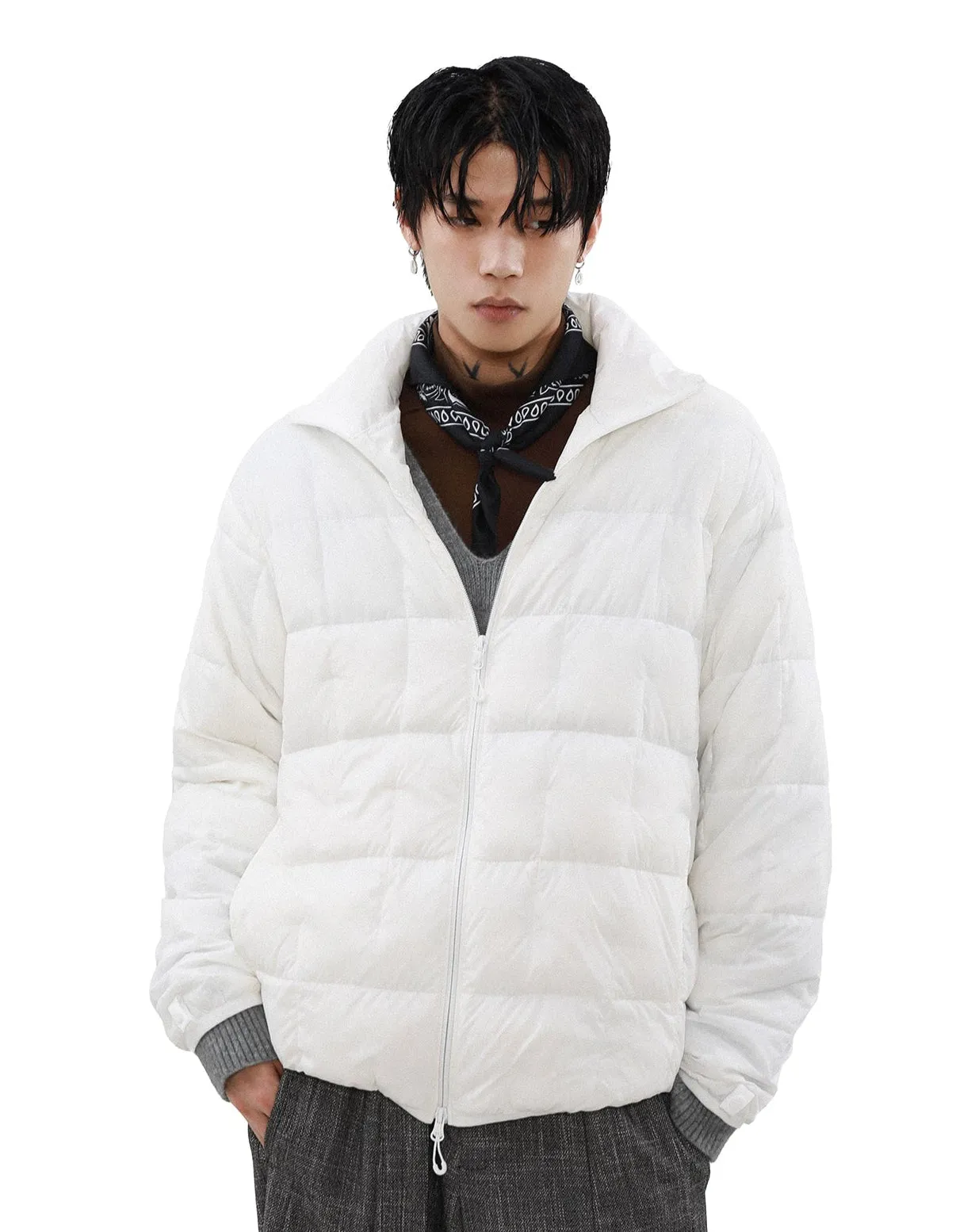 Puffer Quilted Jacket with Stand Collar and Double Zip Closure