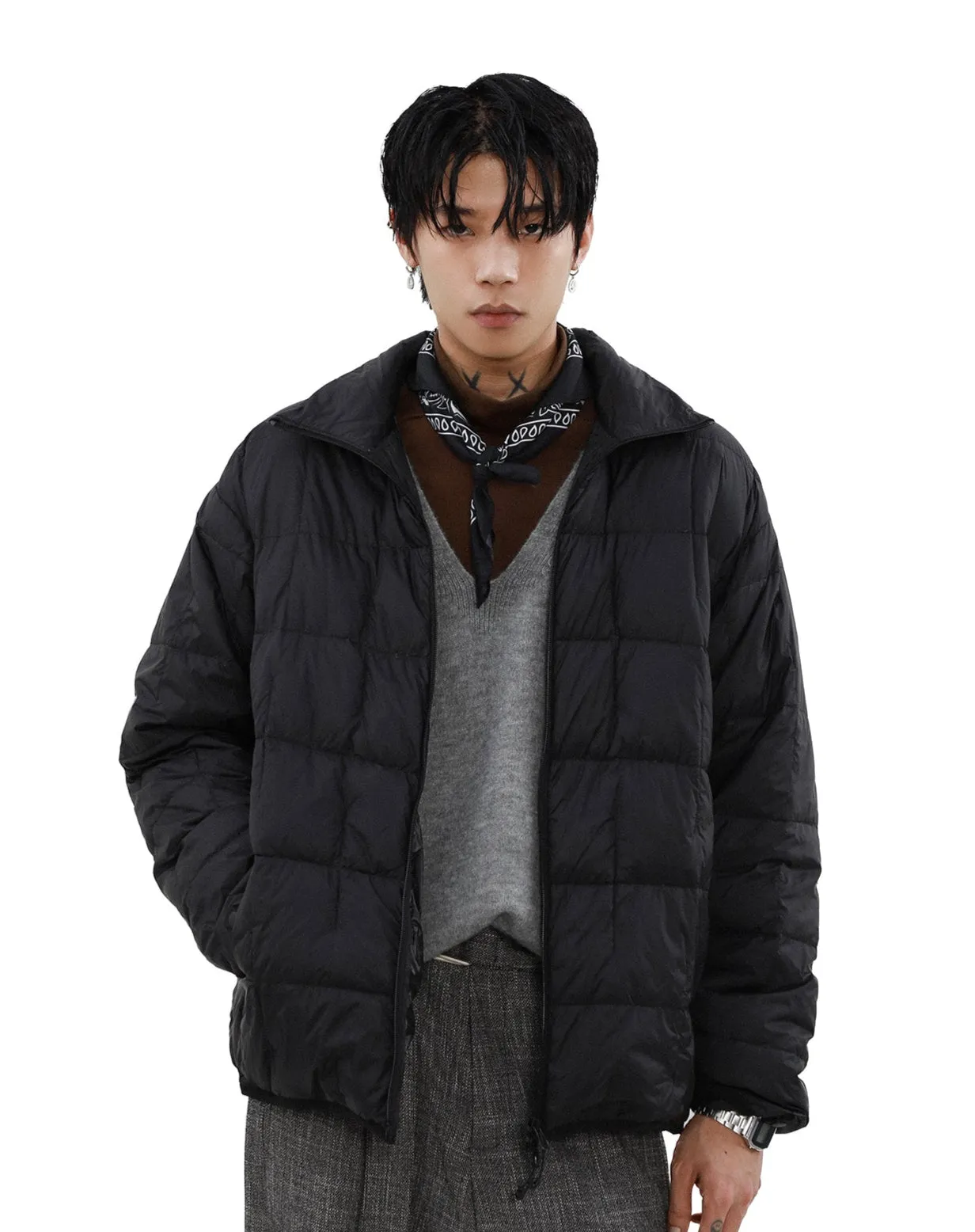 Puffer Quilted Jacket with Stand Collar and Double Zip Closure