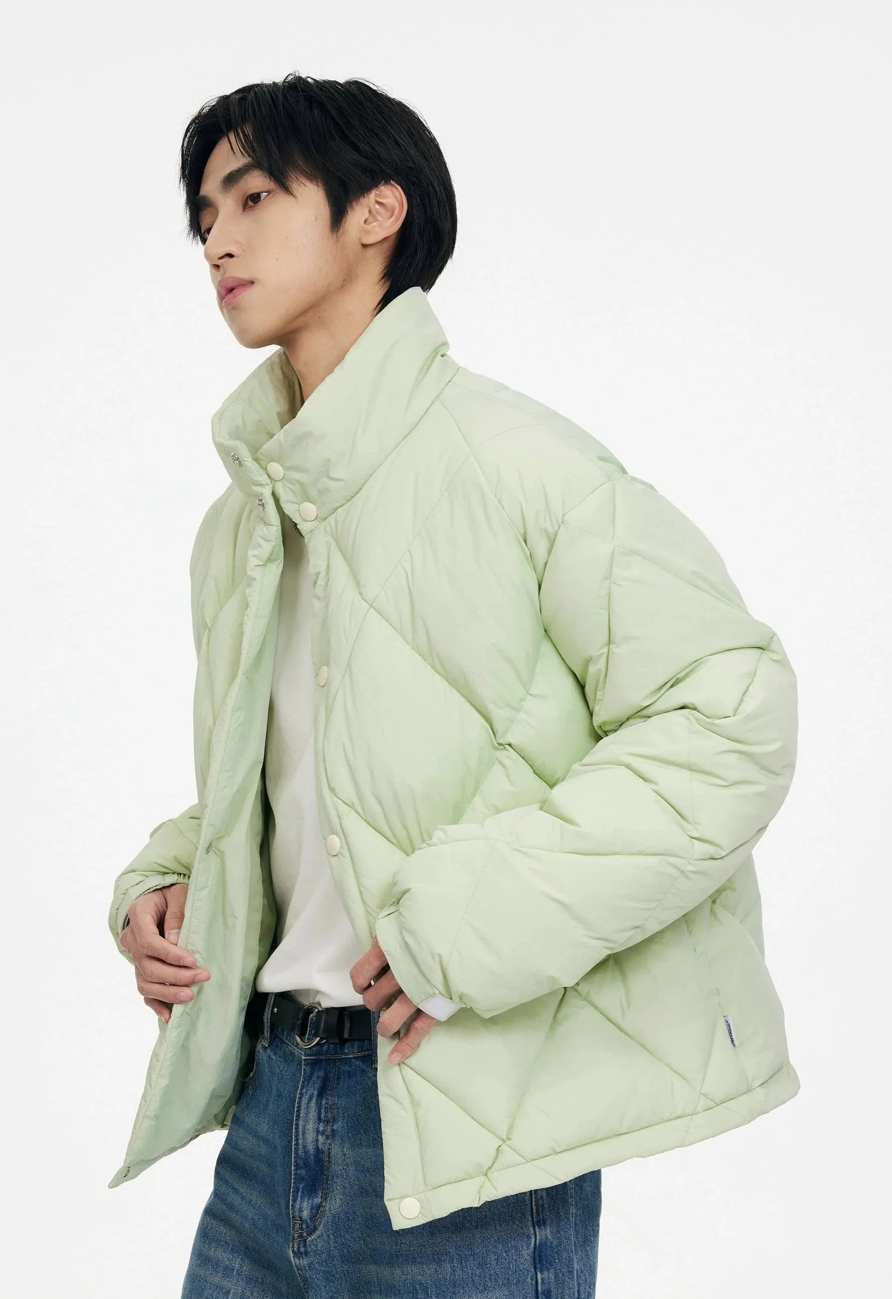 Quilted Contrast Stitch High Collar Puffer Jacket