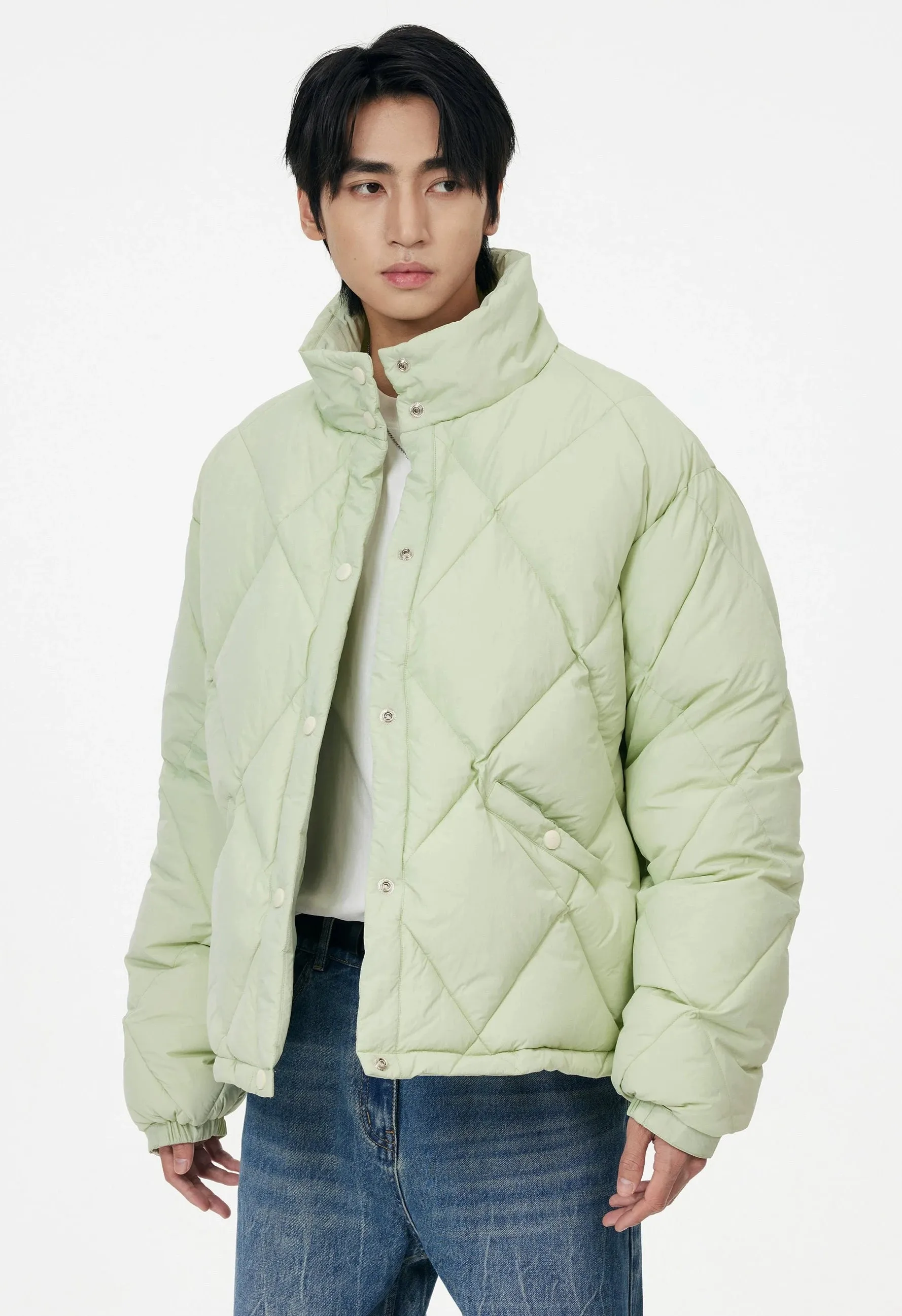 Quilted Contrast Stitch High Collar Puffer Jacket