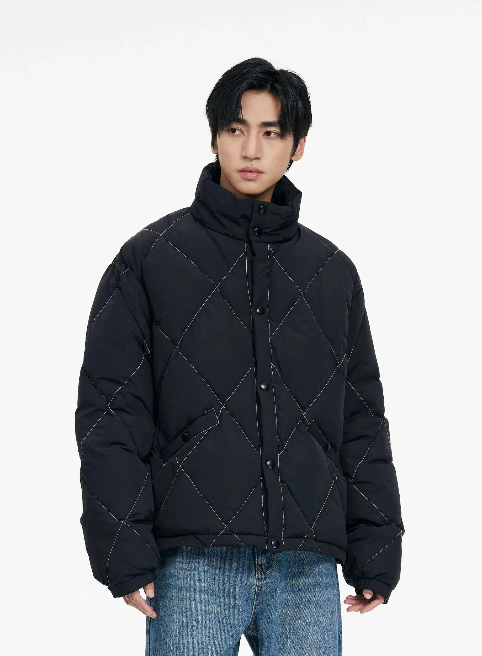 Quilted Contrast Stitch High Collar Puffer Jacket