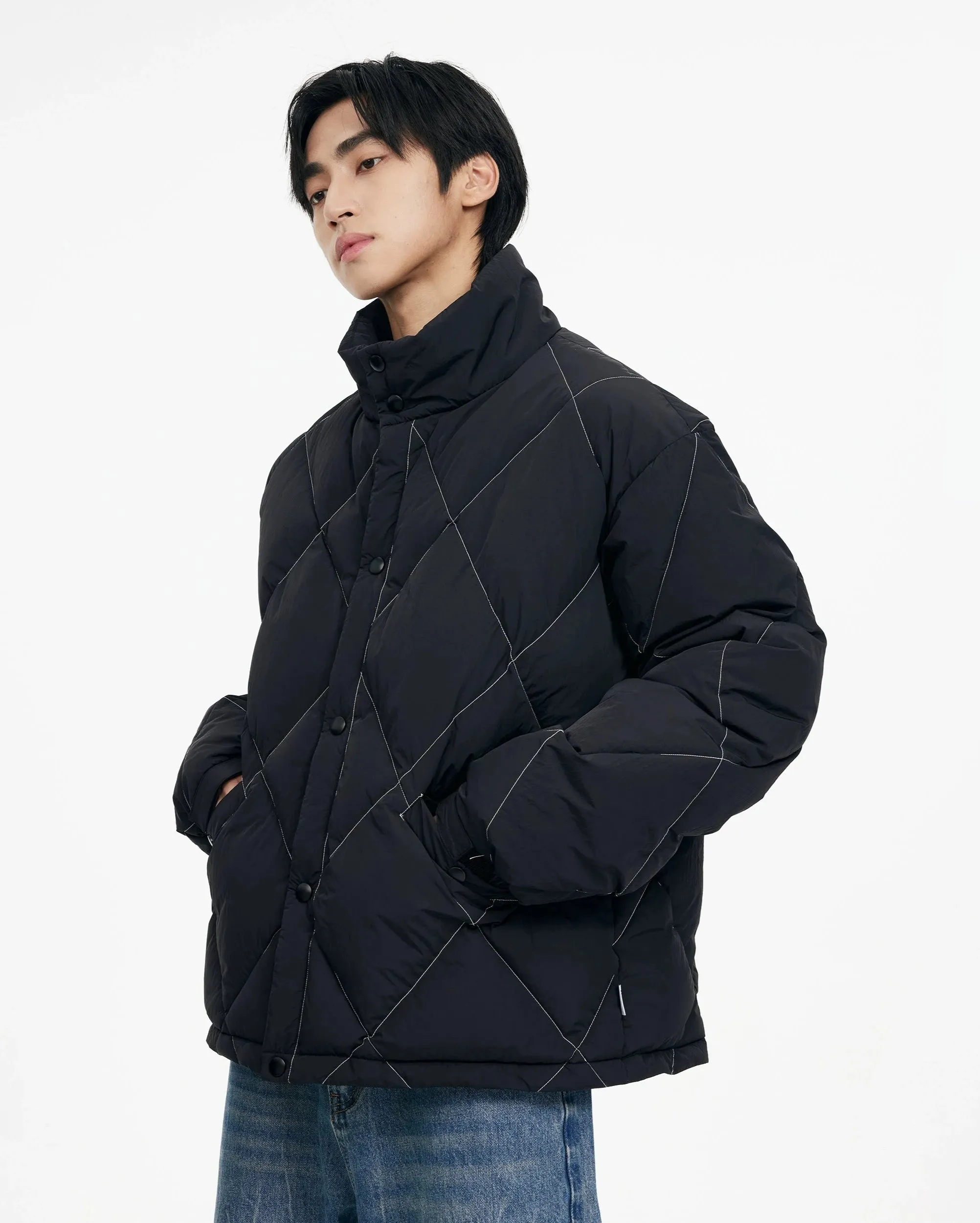 Quilted Contrast Stitch High Collar Puffer Jacket