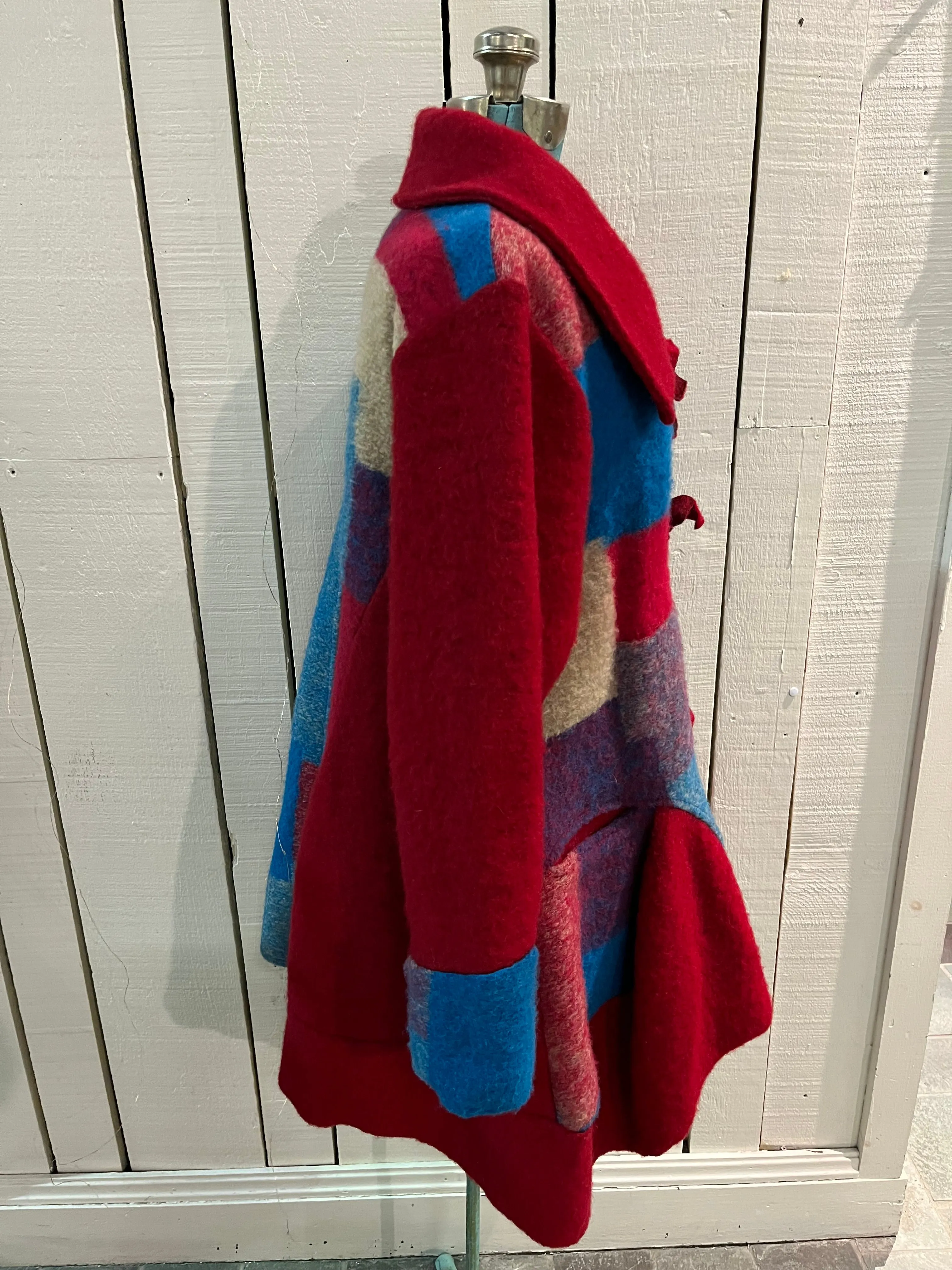 Red and Blue Wool Blend Patch Work Coat with Matching Scarf, Made in Italy, Chest 43”