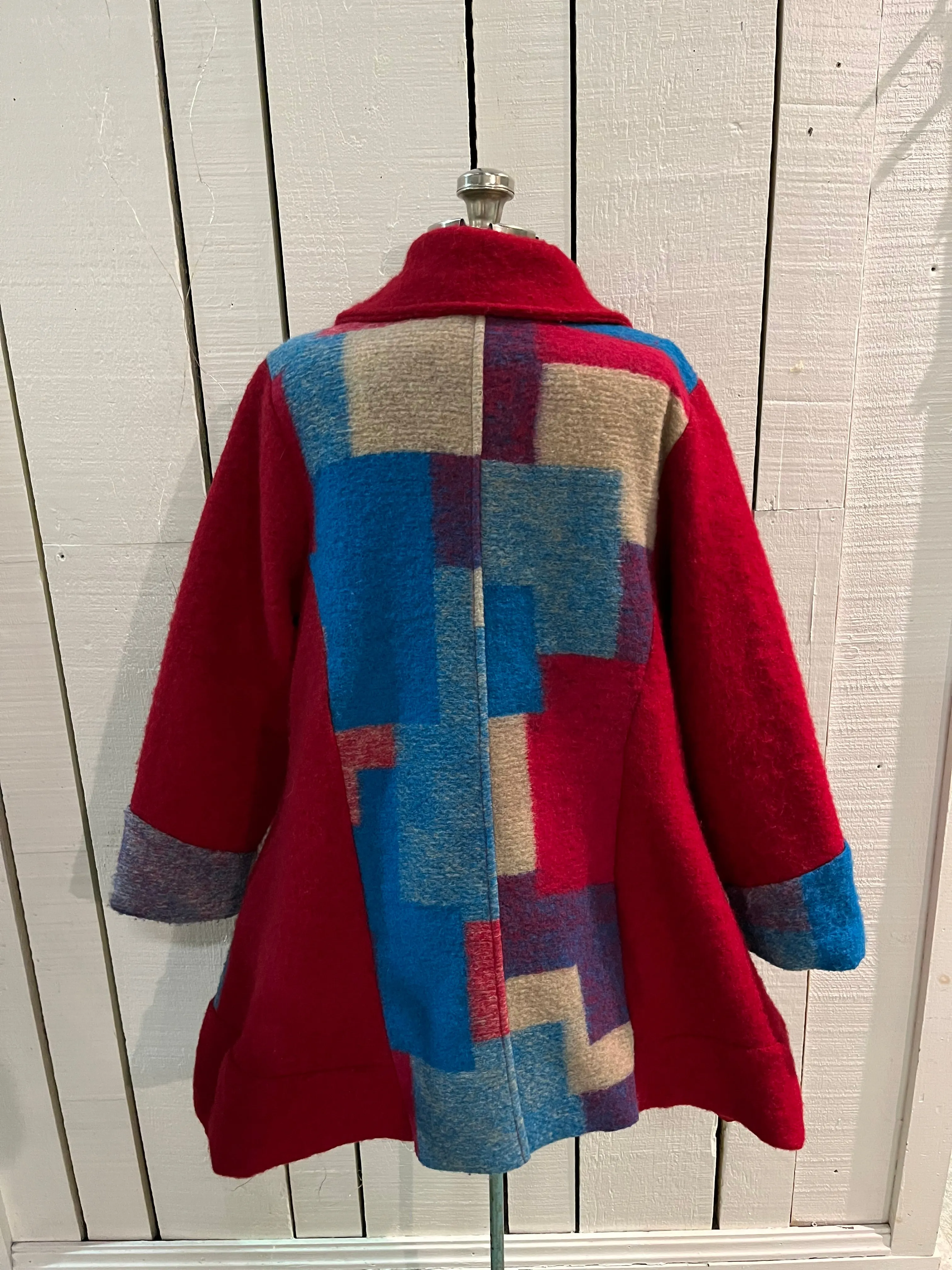 Red and Blue Wool Blend Patch Work Coat with Matching Scarf, Made in Italy, Chest 43”