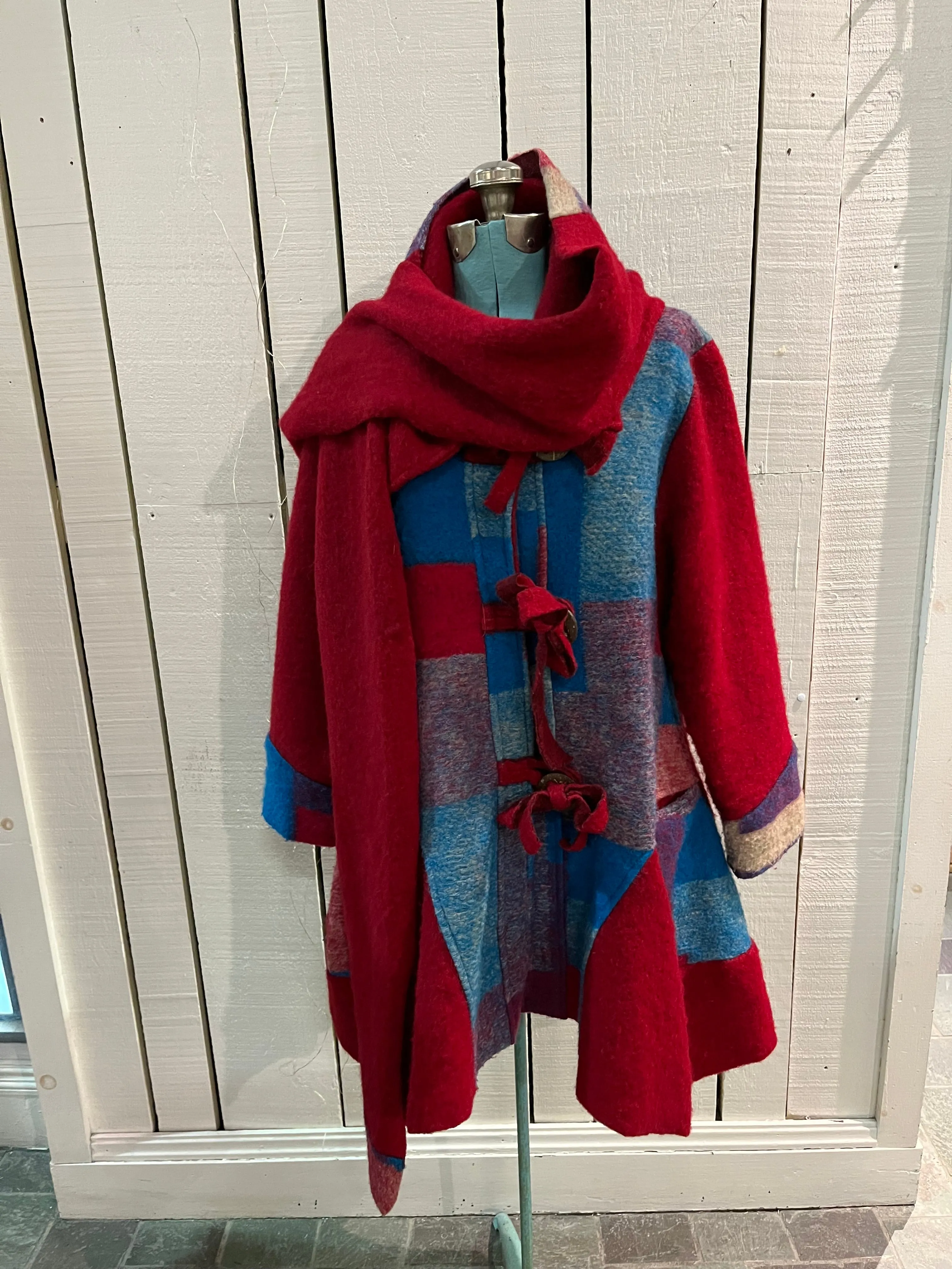 Red and Blue Wool Blend Patch Work Coat with Matching Scarf, Made in Italy, Chest 43”