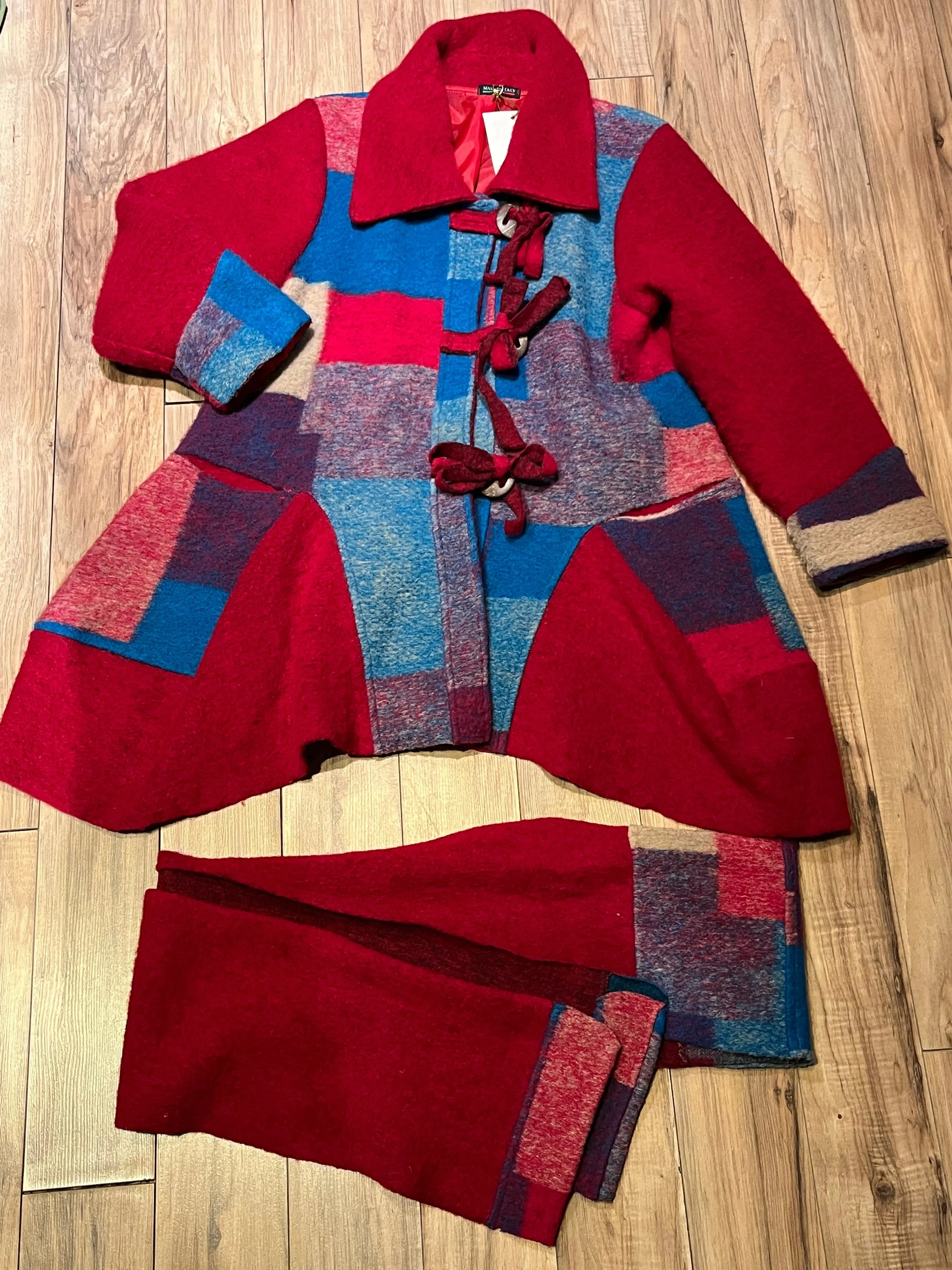 Red and Blue Wool Blend Patch Work Coat with Matching Scarf, Made in Italy, Chest 43”