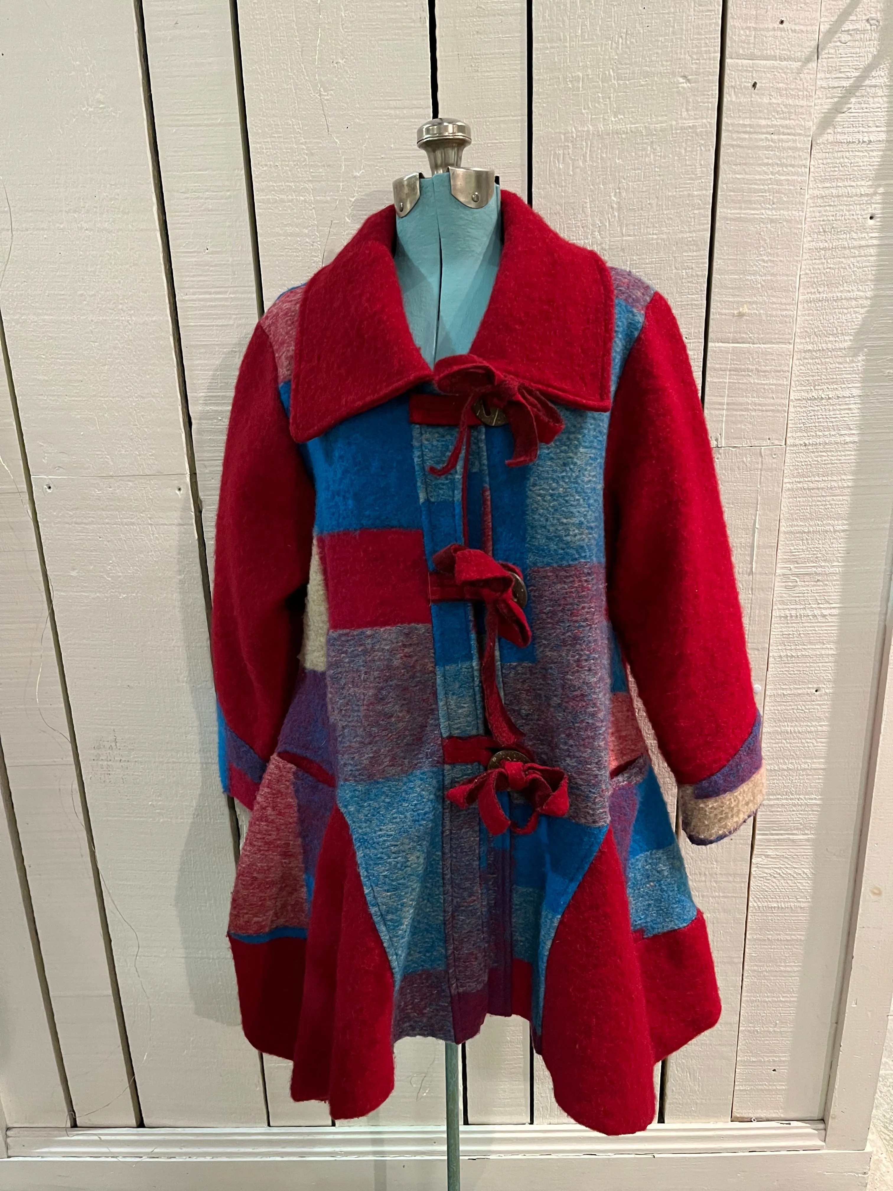 Red and Blue Wool Blend Patch Work Coat with Matching Scarf, Made in Italy, Chest 43”