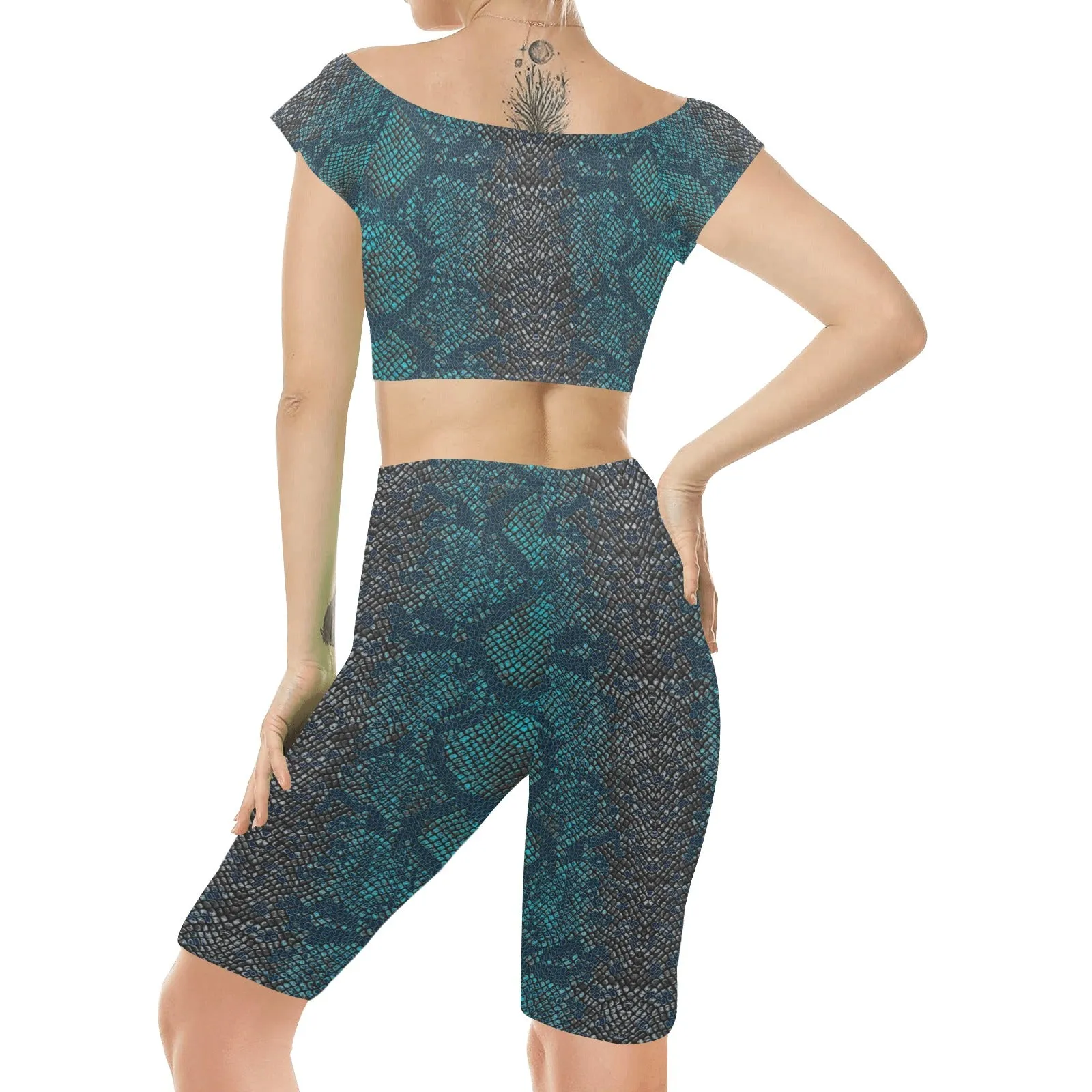 robins egg gradient snakeskin print 2a Women's Crop Top Yoga Set