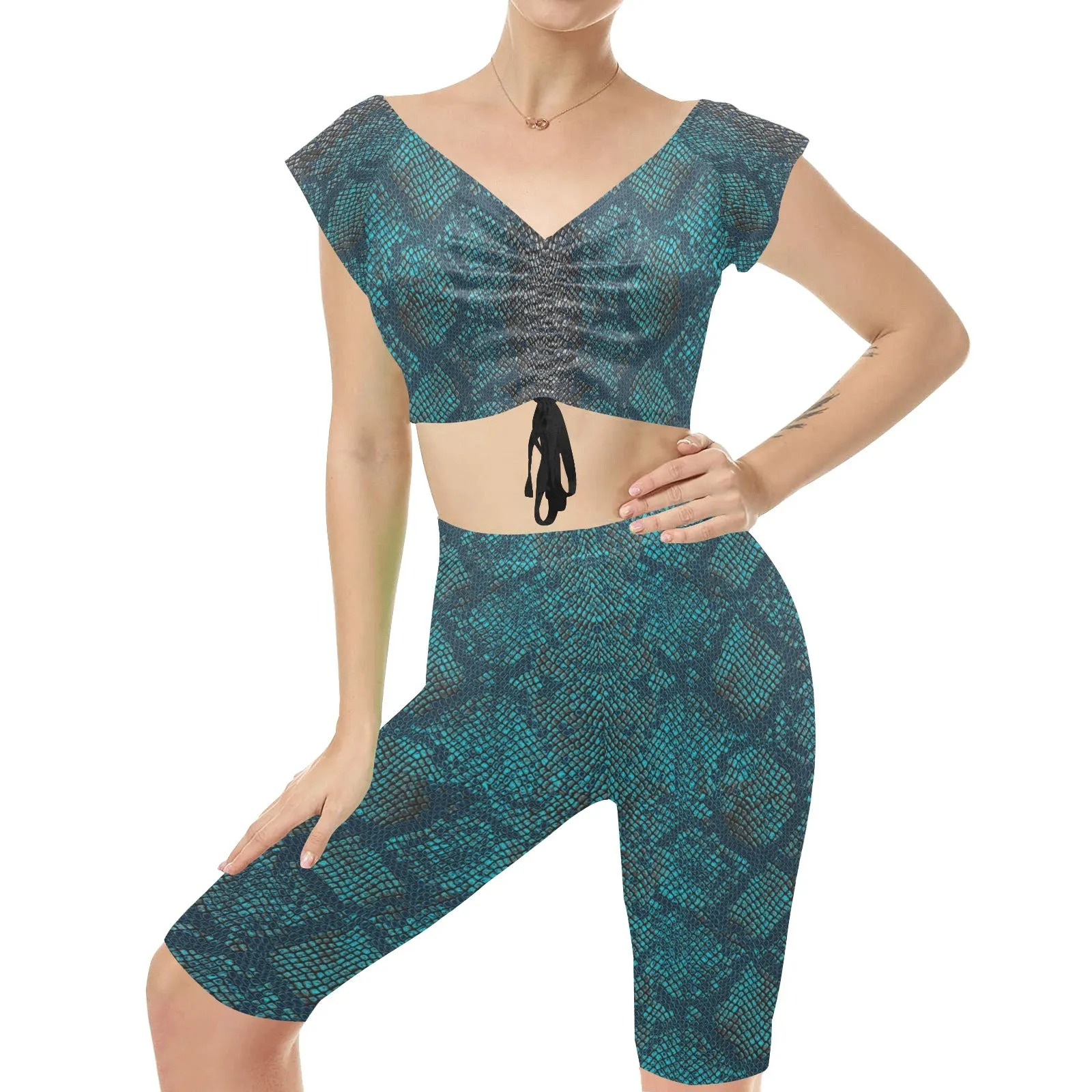 robins egg gradient snakeskin print 2a Women's Crop Top Yoga Set