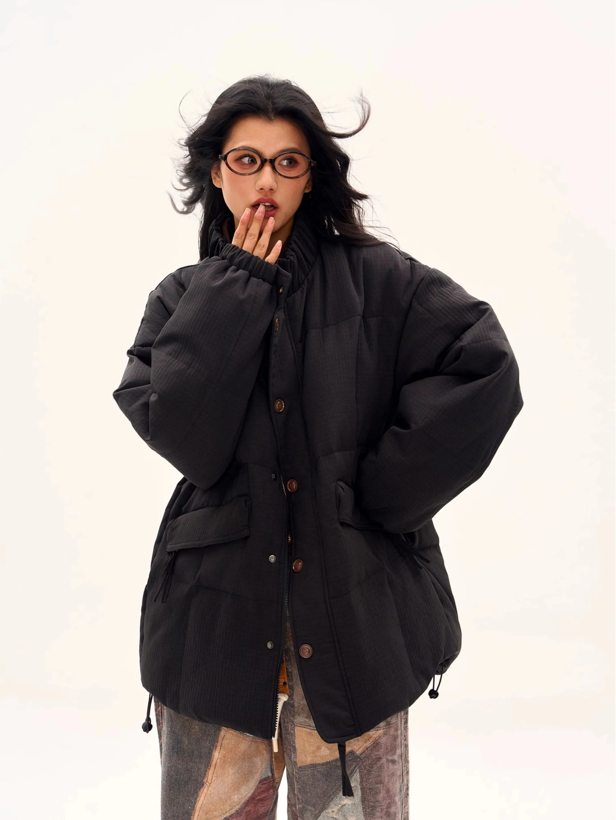 Textured Longline High Collar Oversized Puffer Jacket