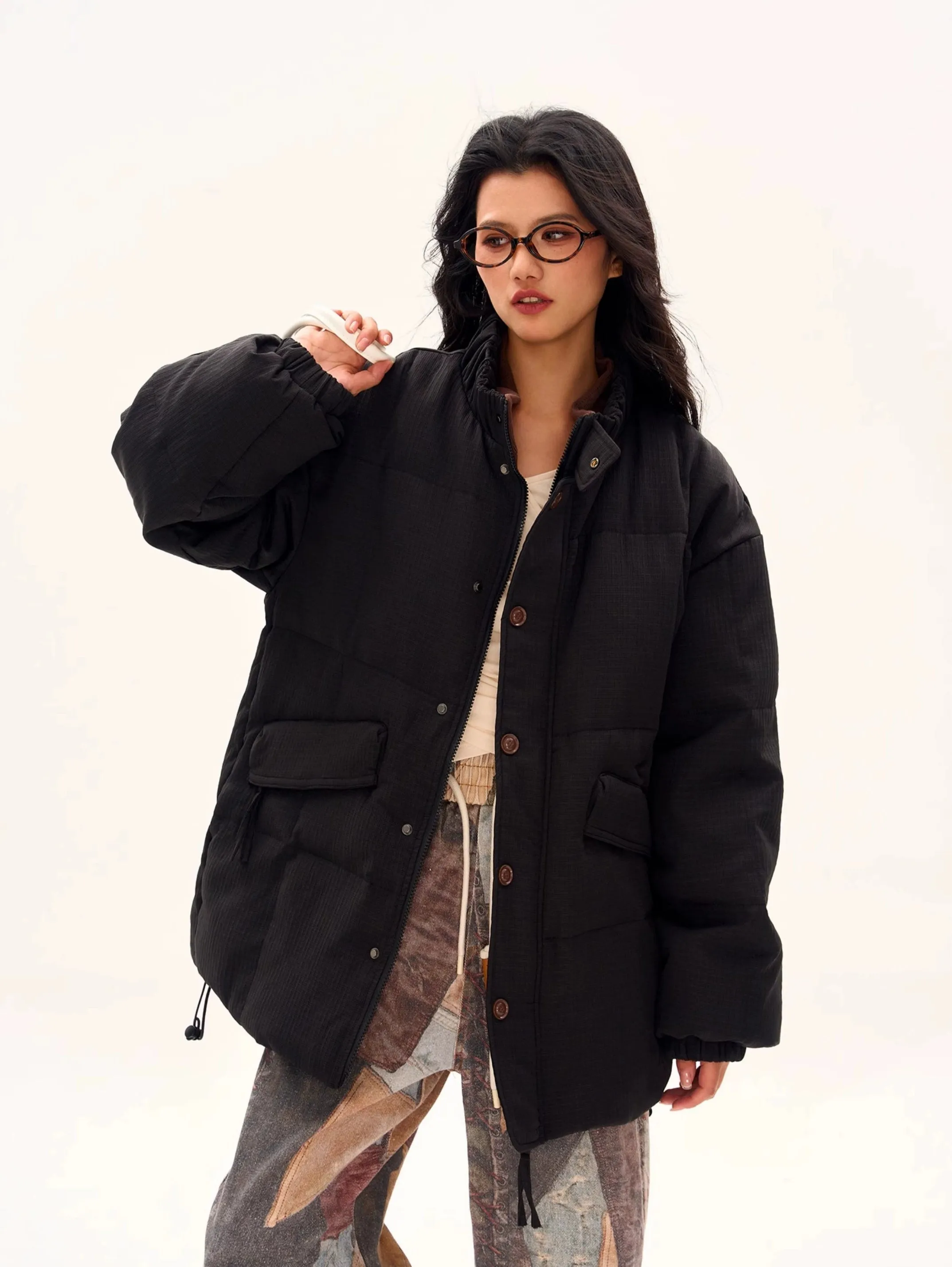 Textured Longline High Collar Oversized Puffer Jacket