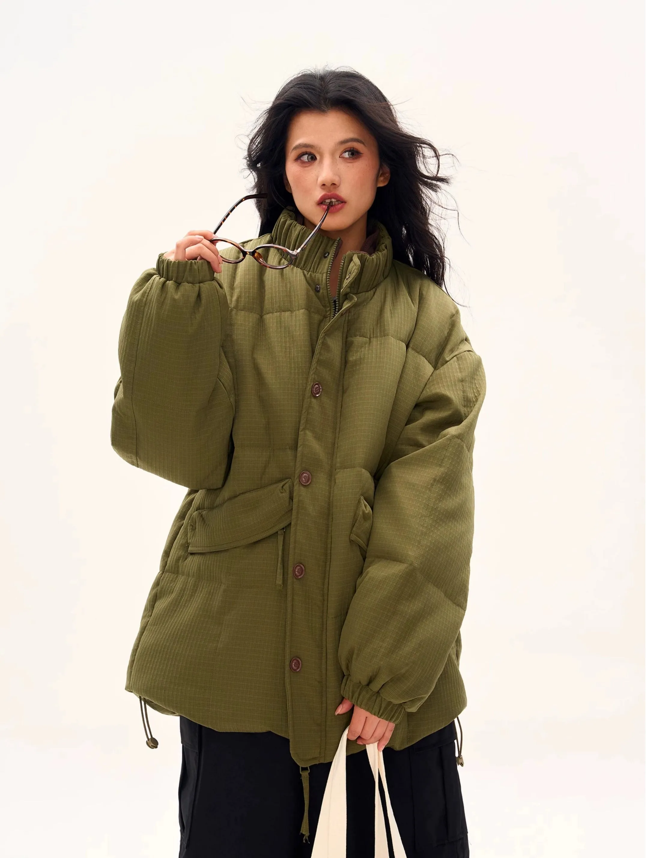 Textured Longline High Collar Oversized Puffer Jacket