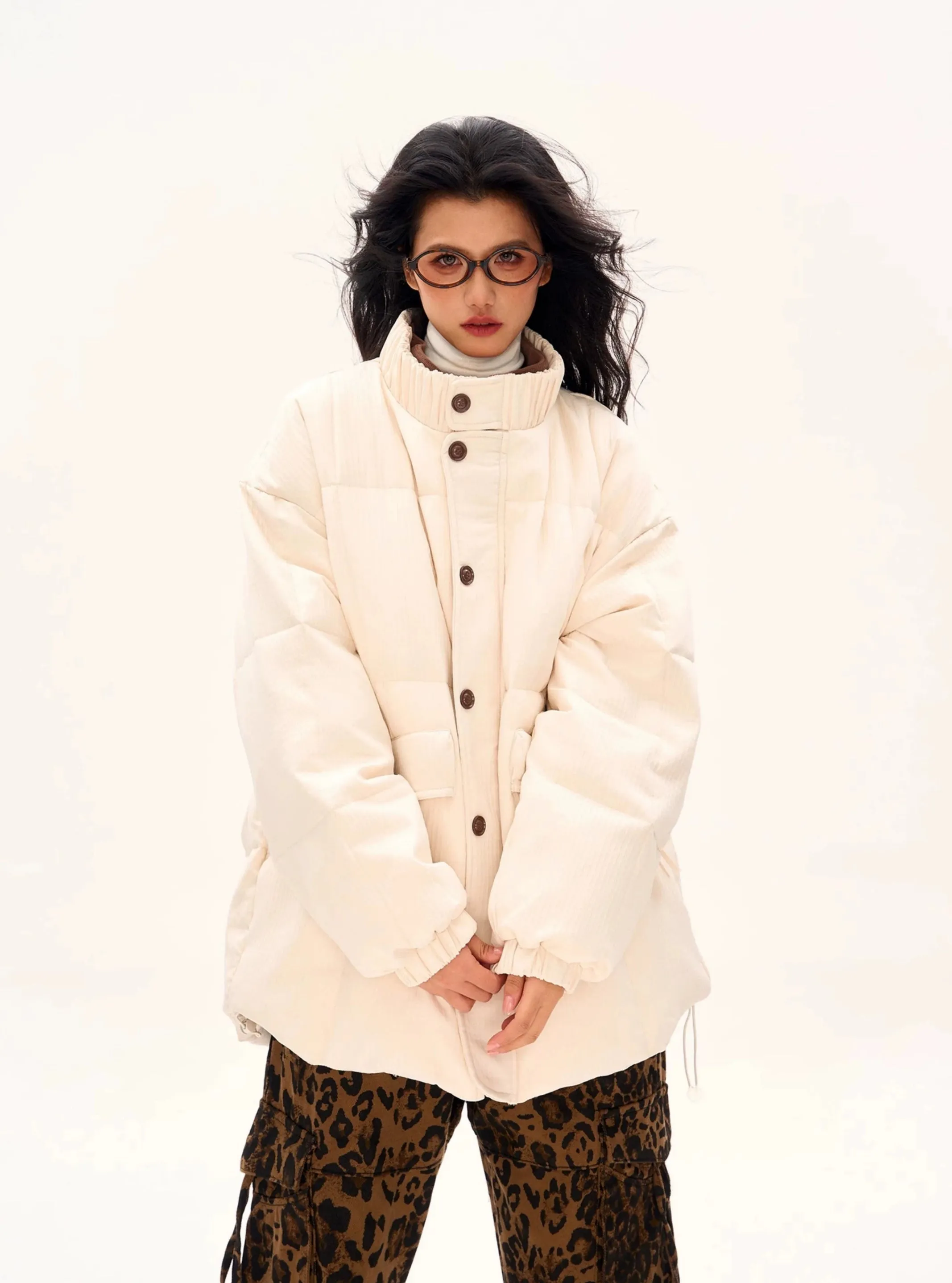 Textured Longline High Collar Oversized Puffer Jacket