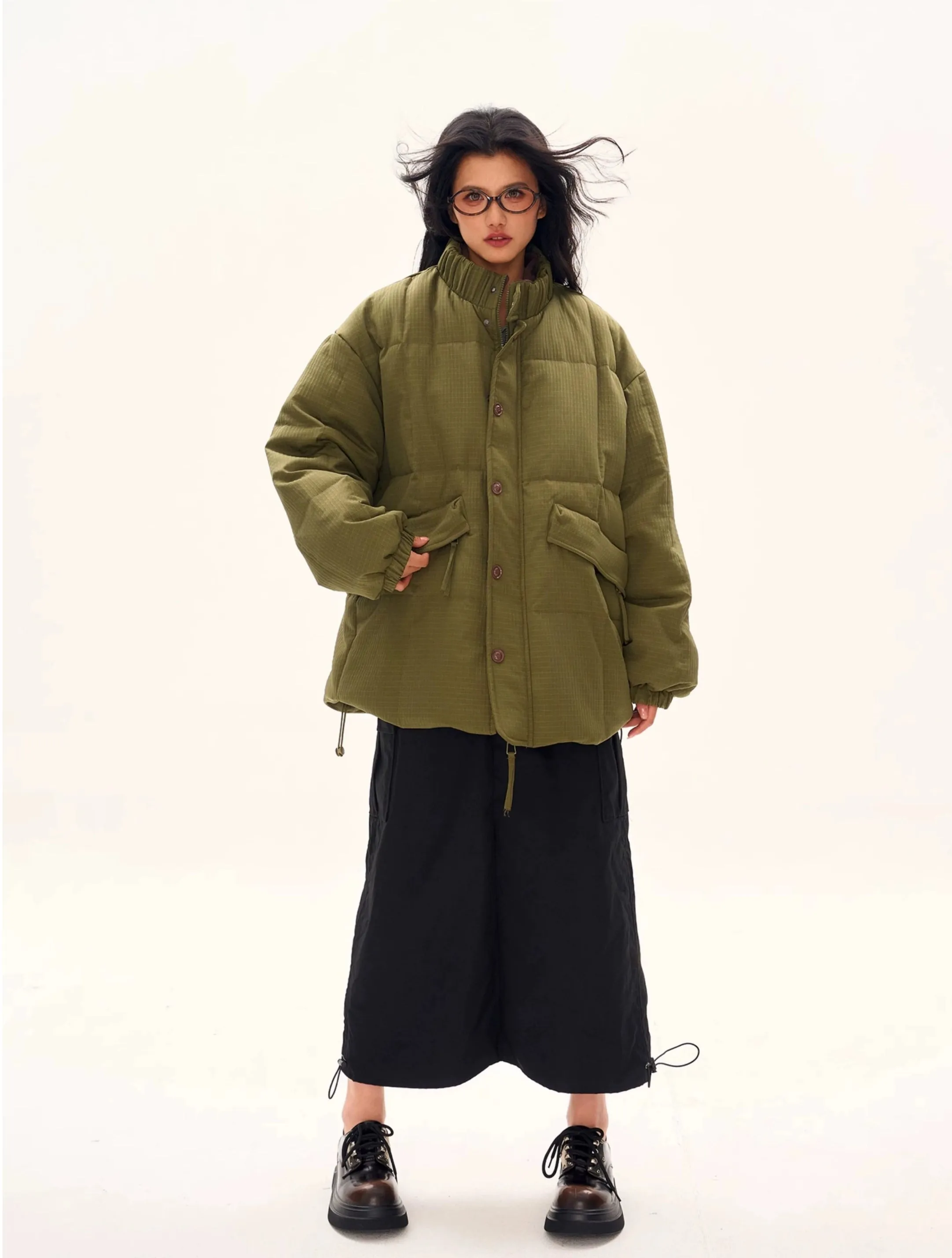 Textured Longline High Collar Oversized Puffer Jacket