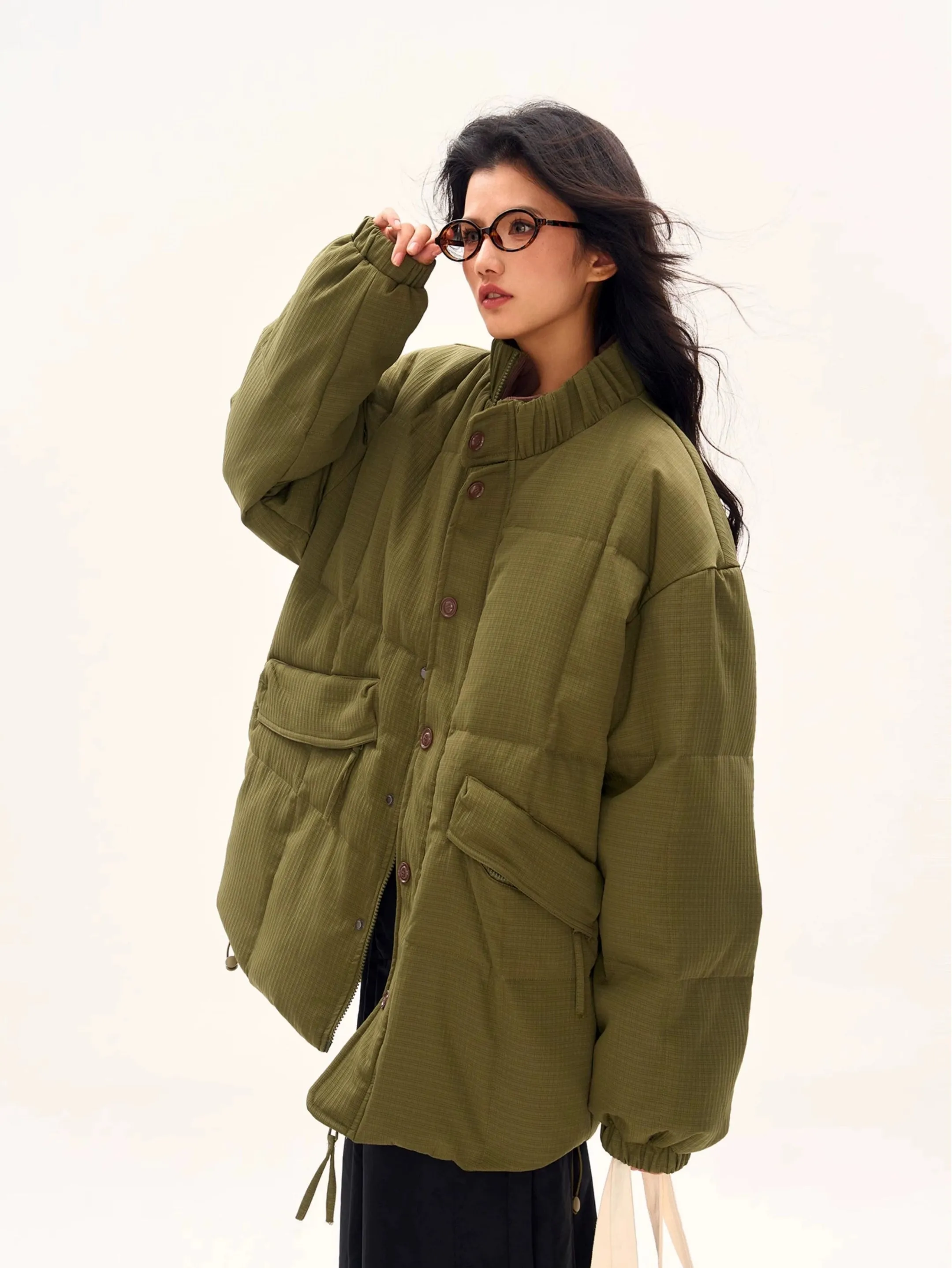 Textured Longline High Collar Oversized Puffer Jacket