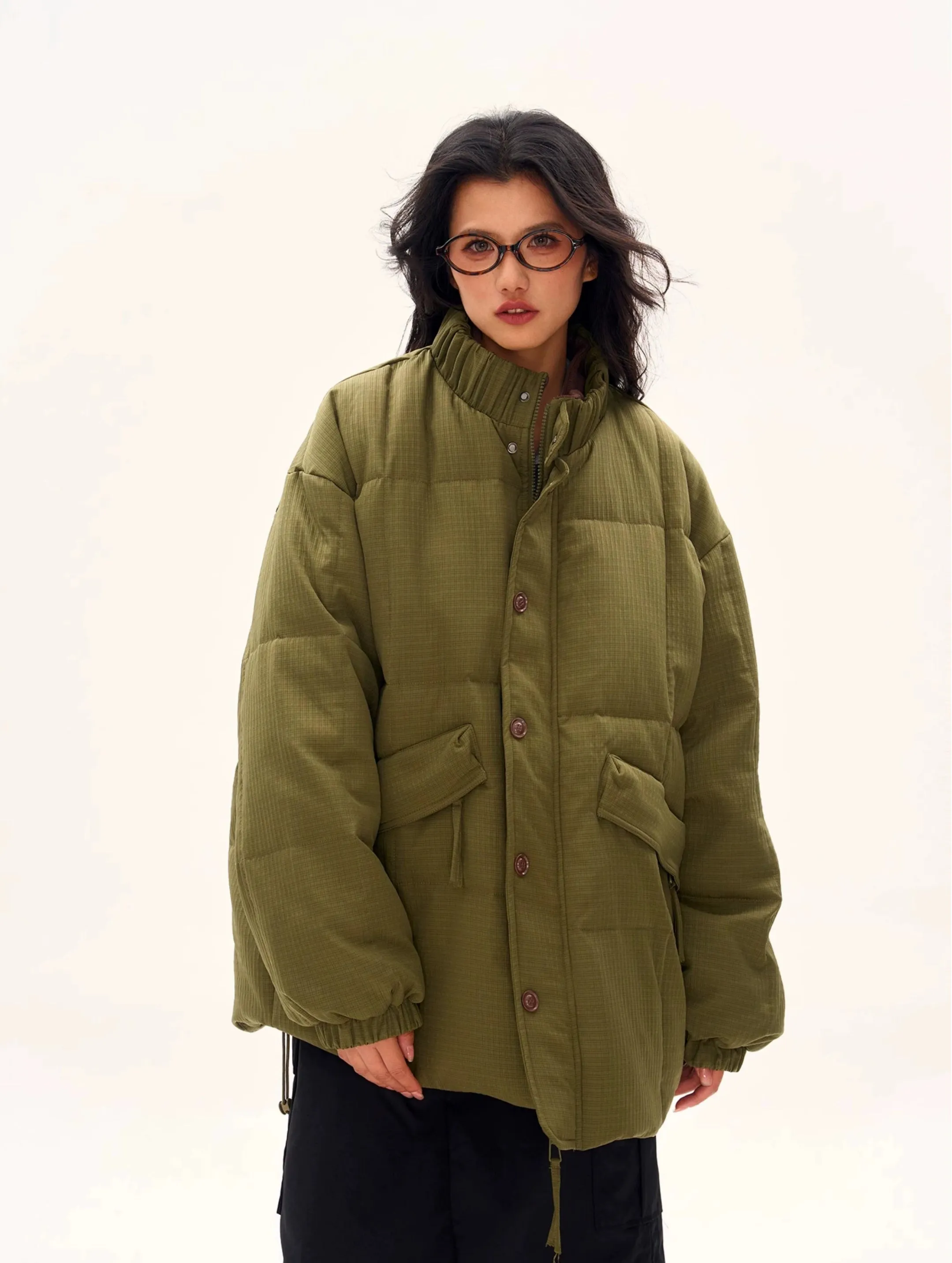 Textured Longline High Collar Oversized Puffer Jacket