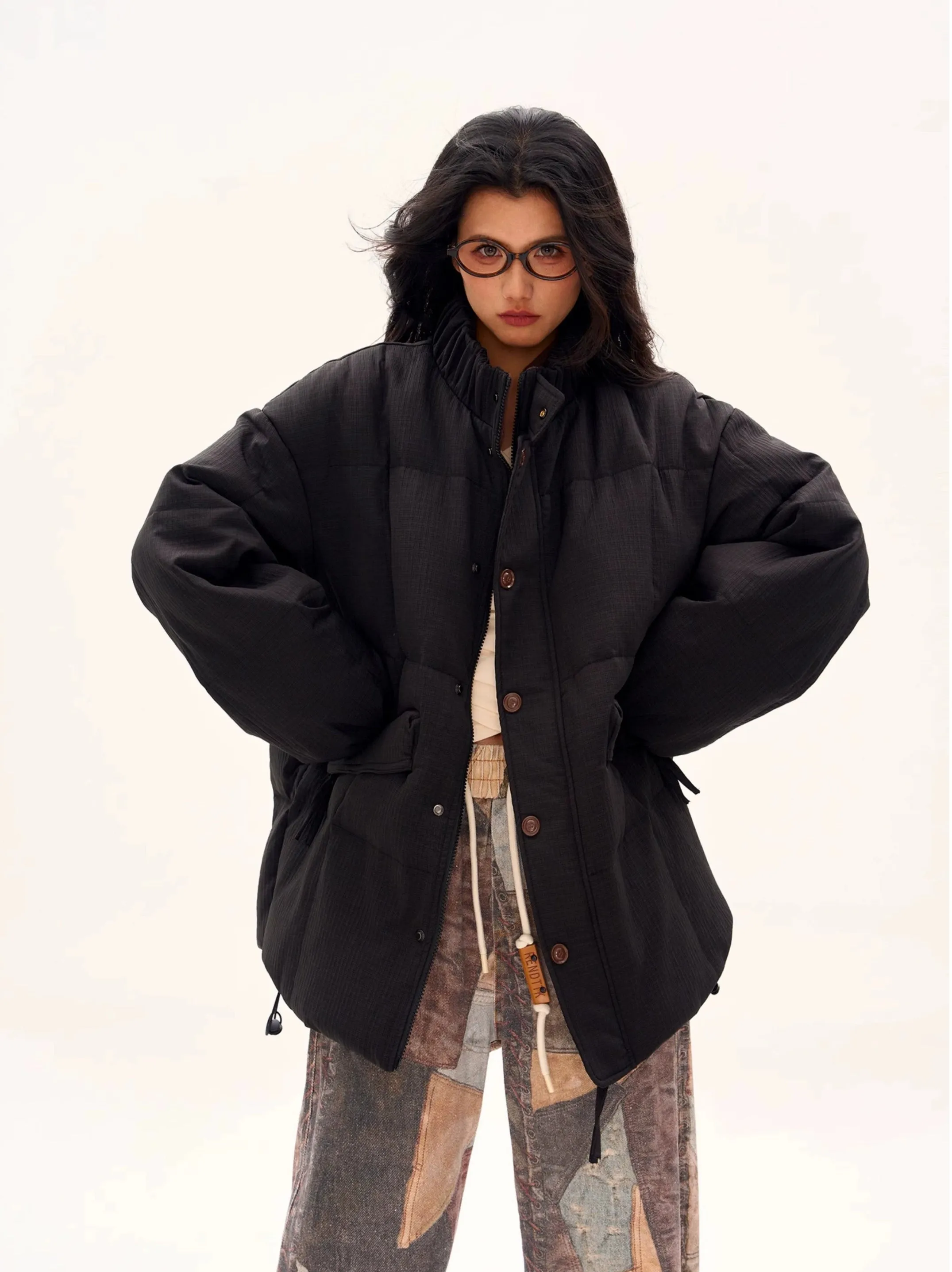 Textured Longline High Collar Oversized Puffer Jacket