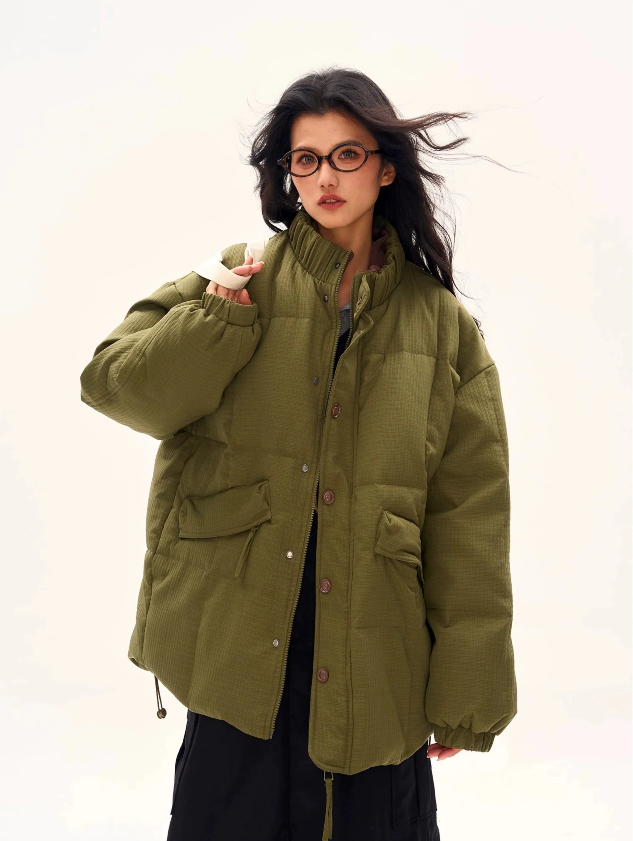 Textured Longline High Collar Oversized Puffer Jacket