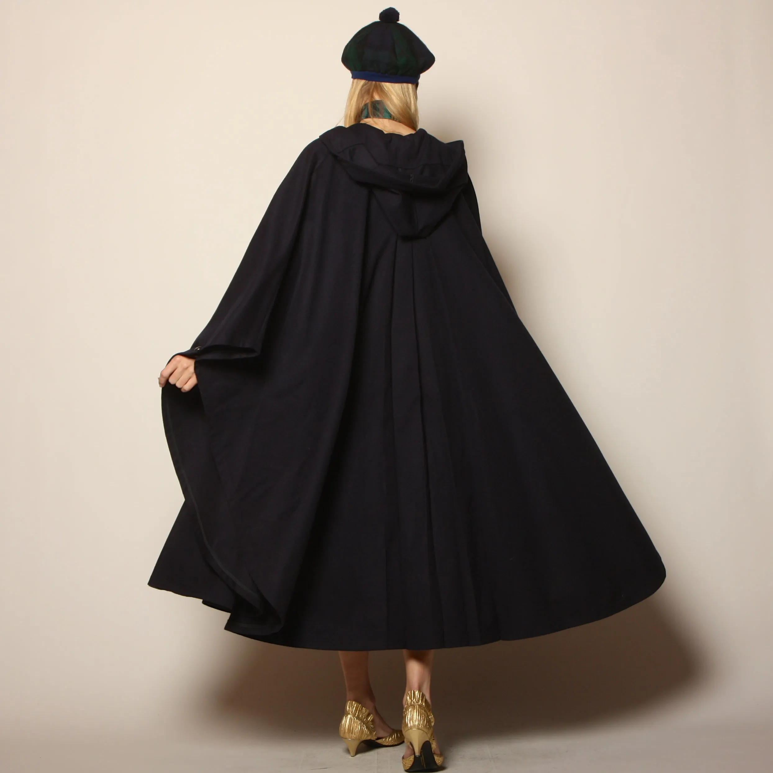 Vintage 70's Navy Wool Draped Hooded Circular Cape Coat