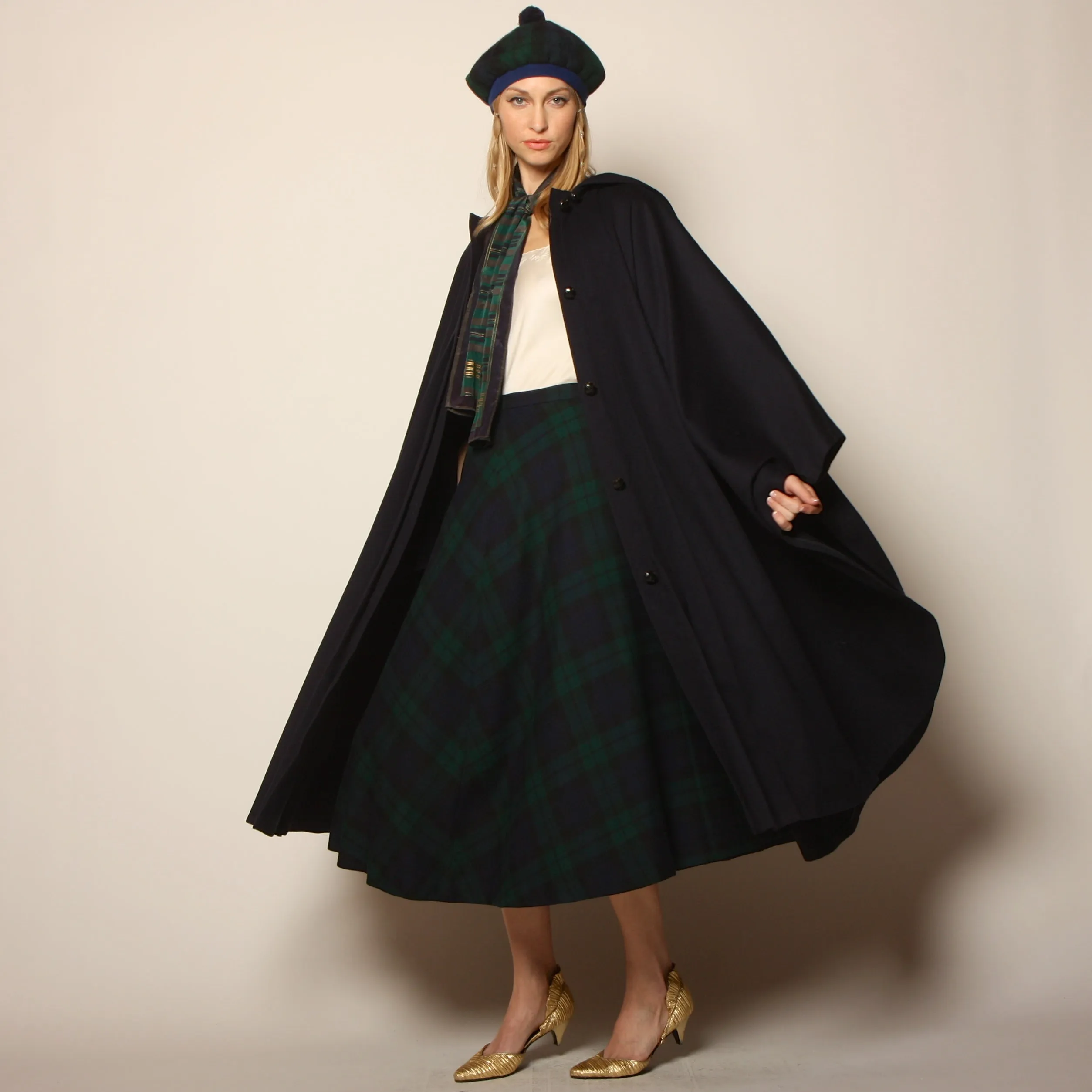 Vintage 70's Navy Wool Draped Hooded Circular Cape Coat