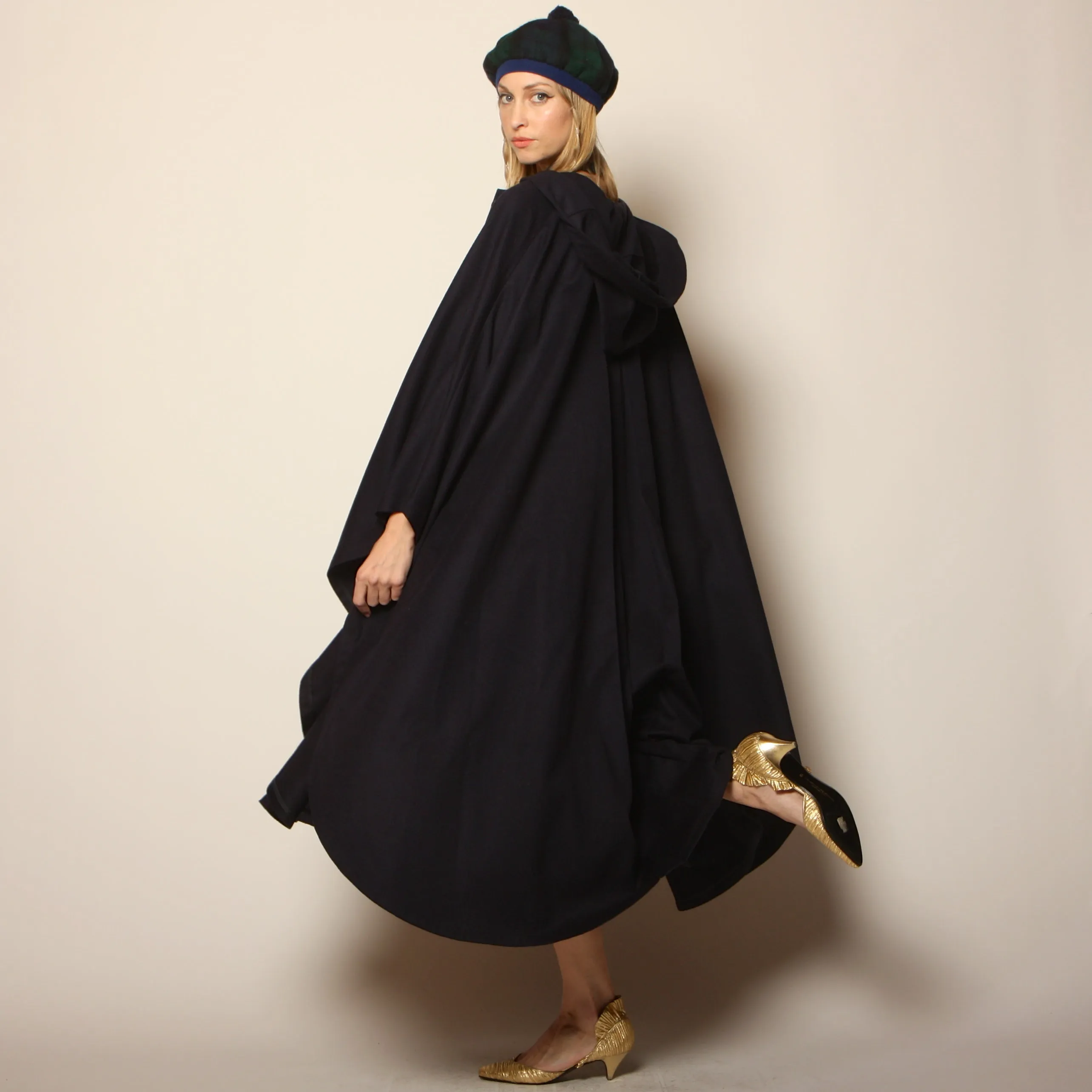 Vintage 70's Navy Wool Draped Hooded Circular Cape Coat