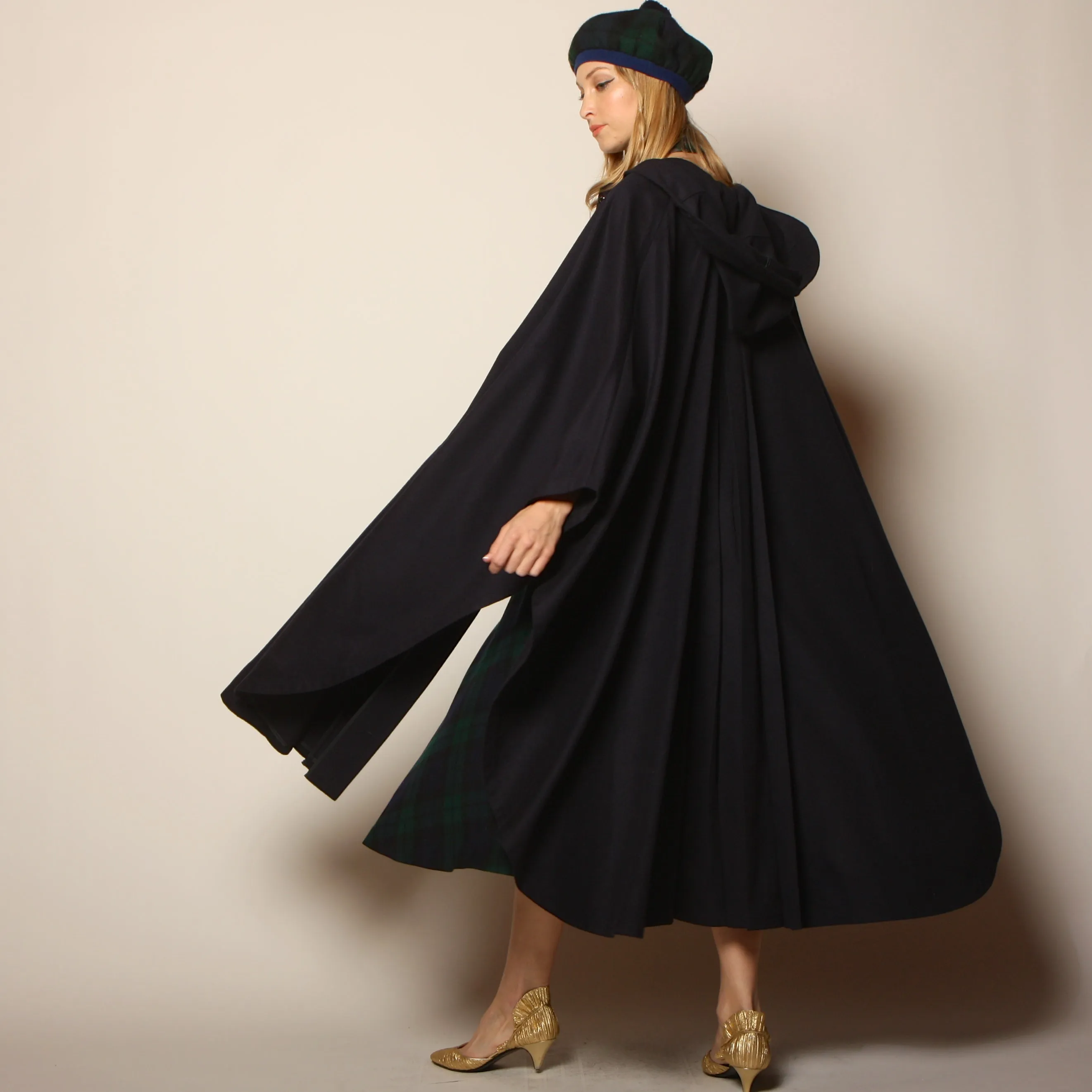 Vintage 70's Navy Wool Draped Hooded Circular Cape Coat