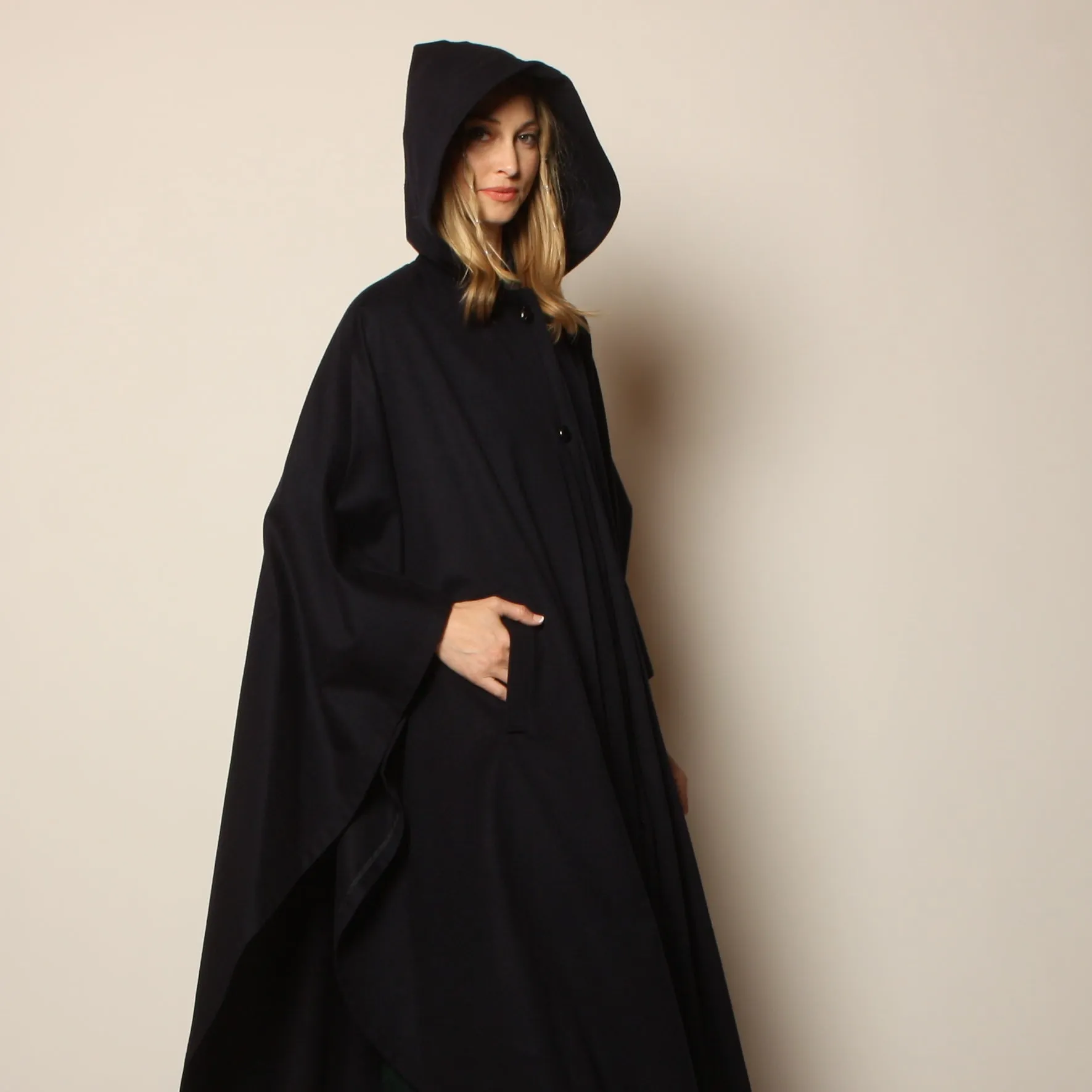 Vintage 70's Navy Wool Draped Hooded Circular Cape Coat