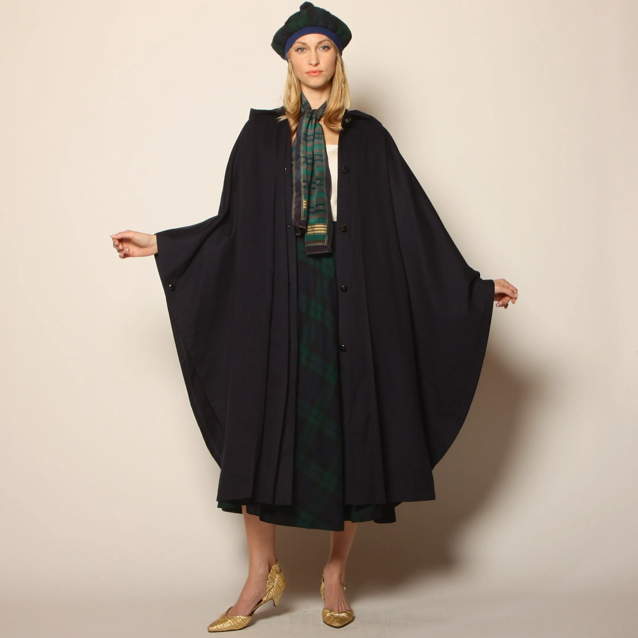 Vintage 70's Navy Wool Draped Hooded Circular Cape Coat