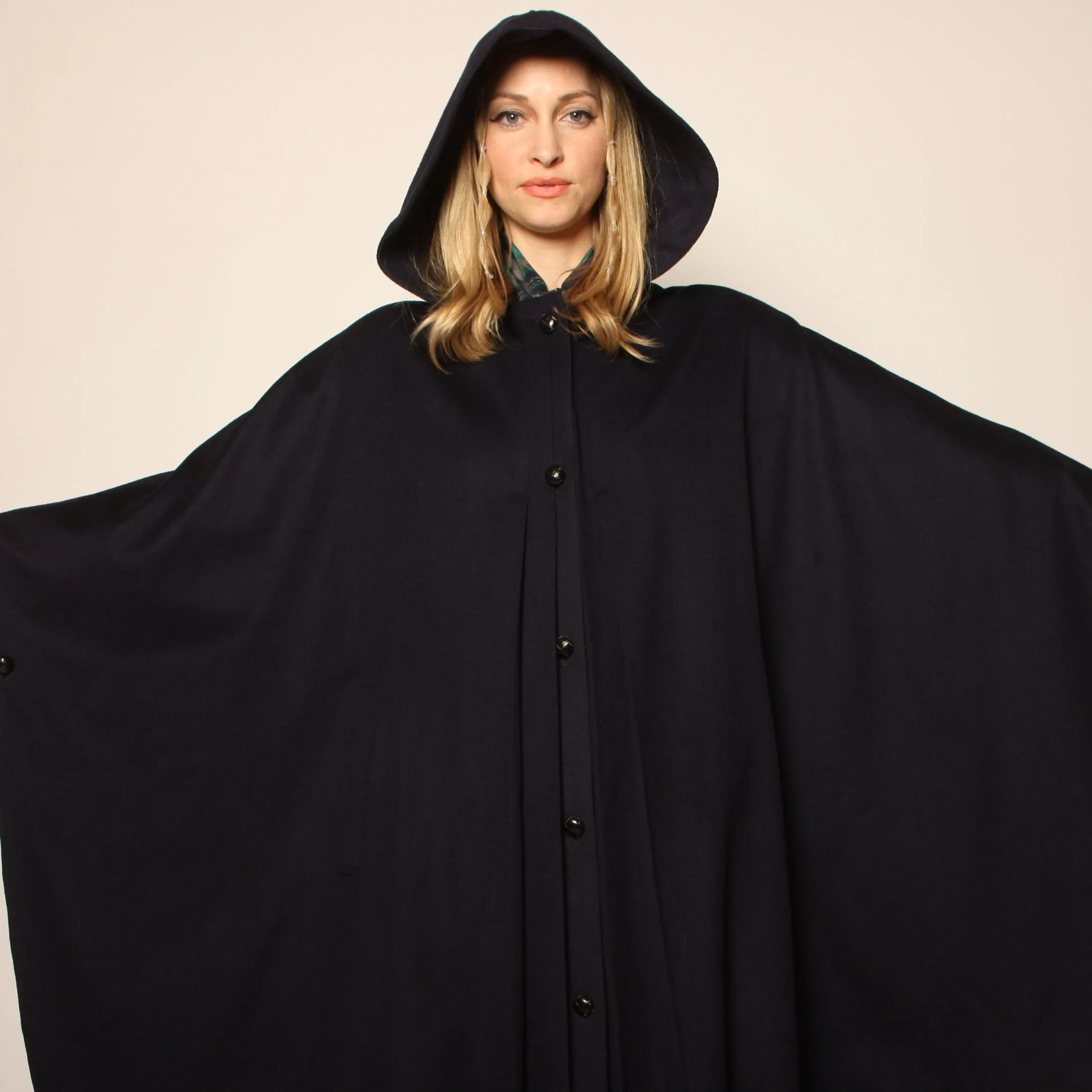 Vintage 70's Navy Wool Draped Hooded Circular Cape Coat