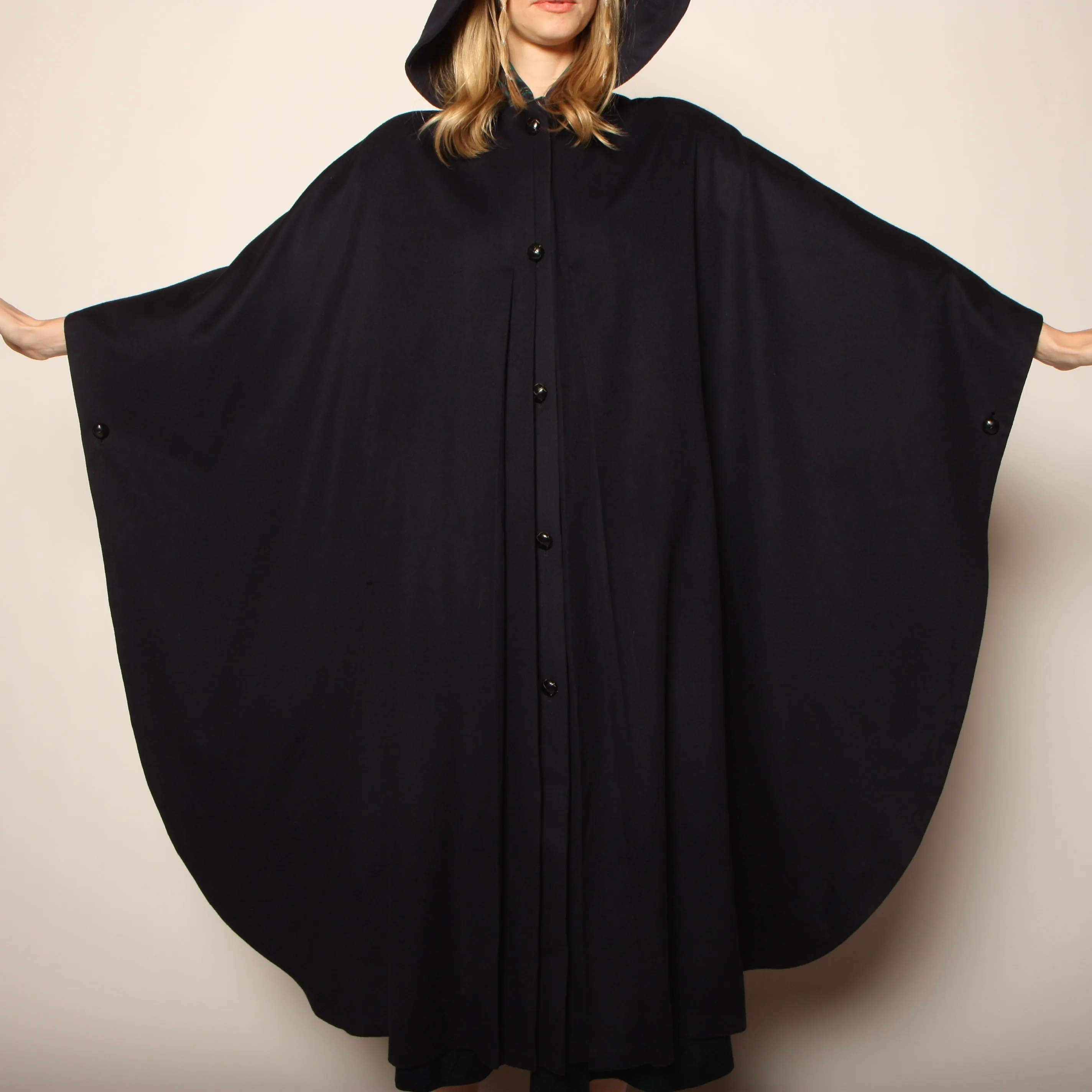 Vintage 70's Navy Wool Draped Hooded Circular Cape Coat