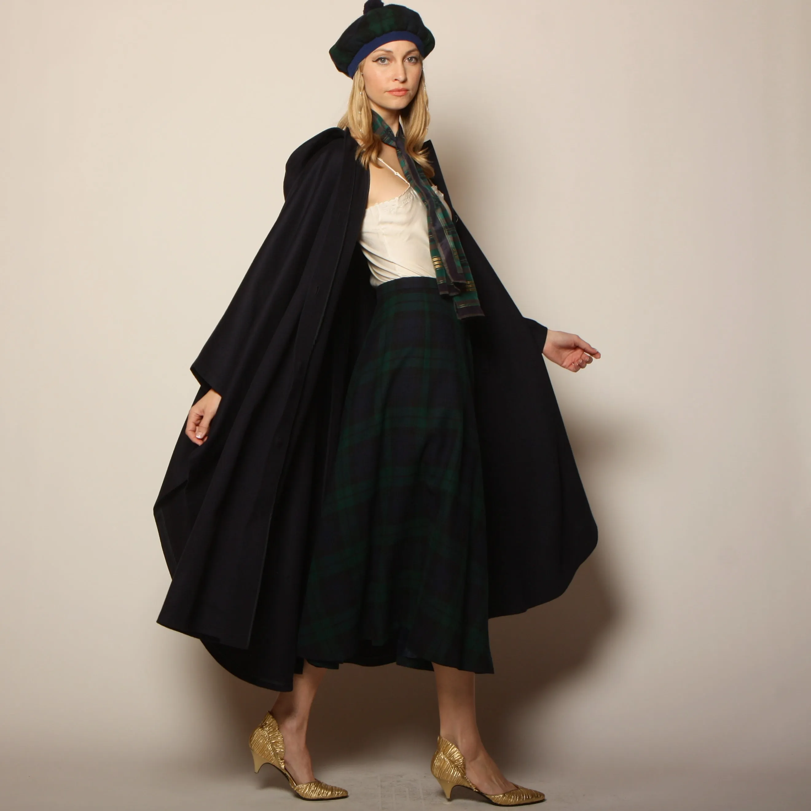 Vintage 70's Navy Wool Draped Hooded Circular Cape Coat