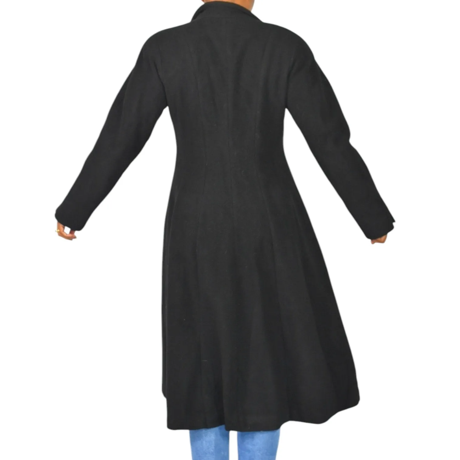 Vintage Wool Coat Long Black Double Breasted Midi Flare 80s Dress JG Hook Size Medium