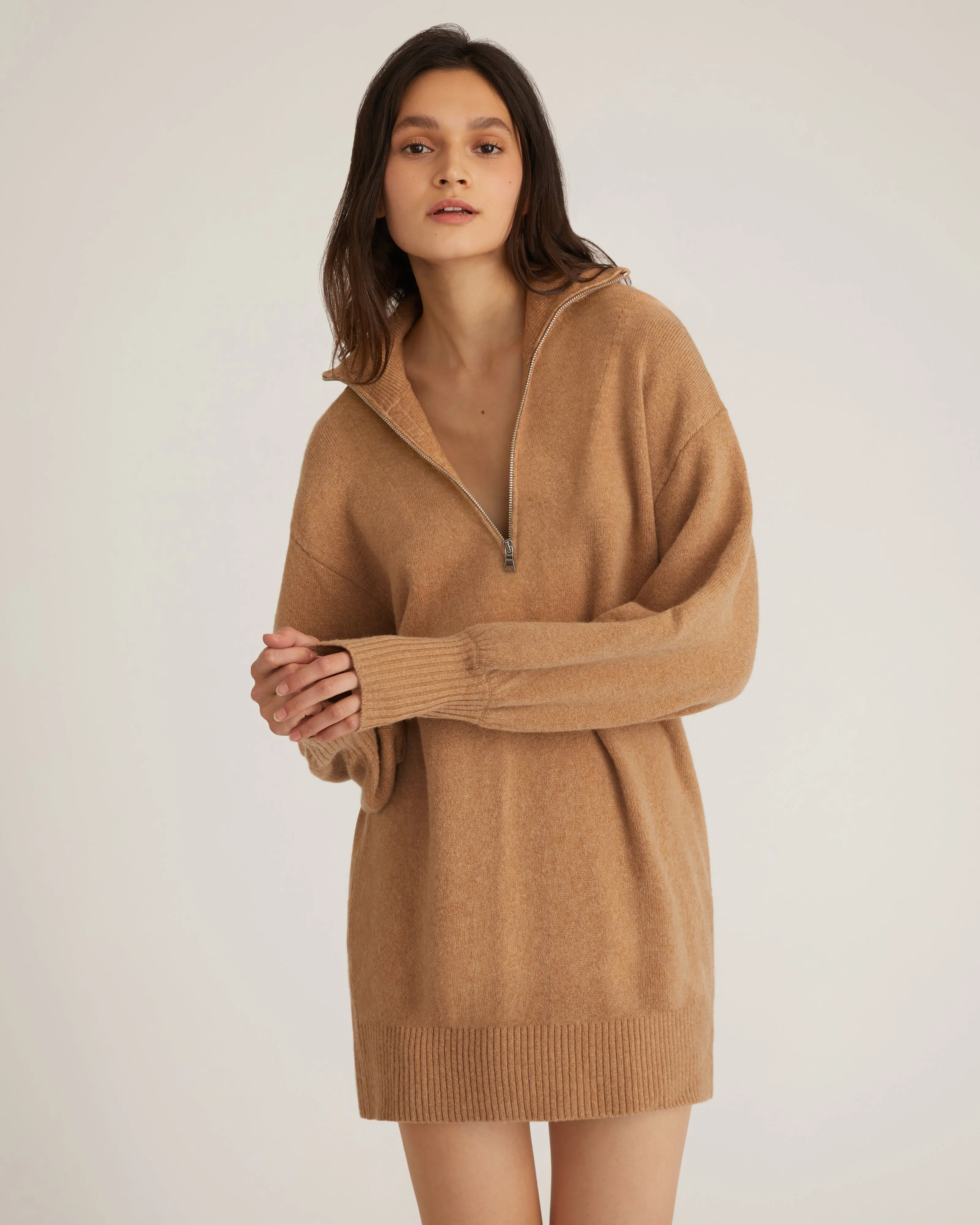 Wesley Slouchy Zip Front Cashmere Blend Sweater Dress in Camel